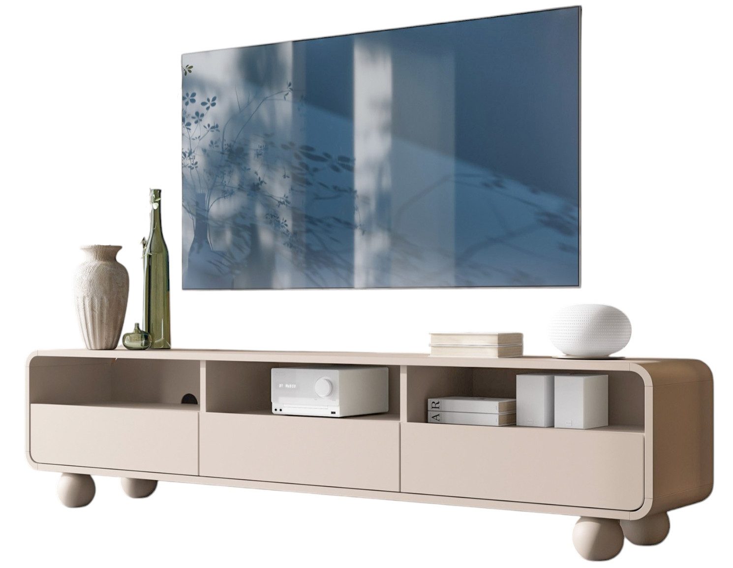 TV-Schrank 180 cm breit, Japandi design, Lowboard rund form ALDOS