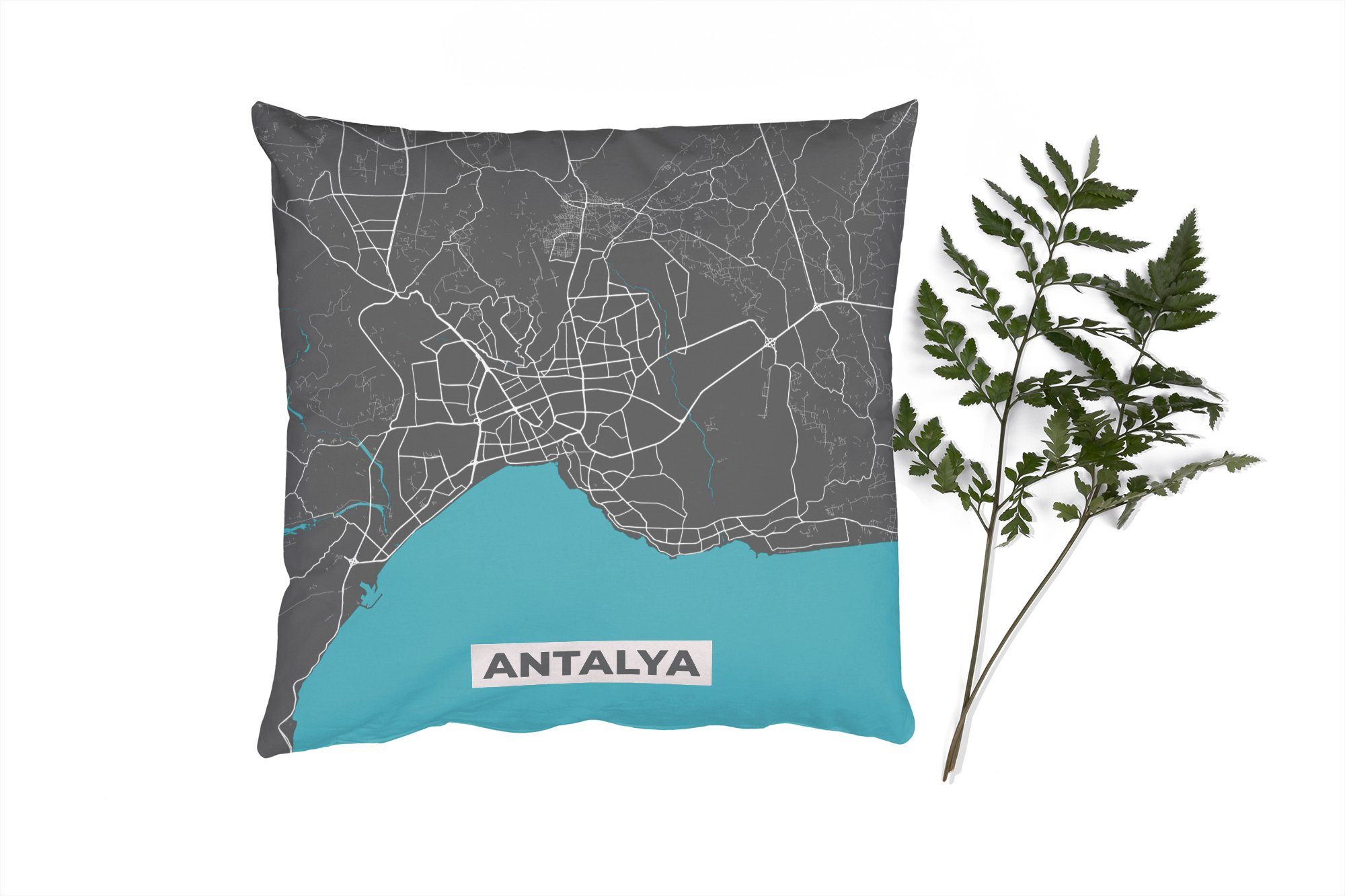 MuchoWow Dekokissen Antalya - Stadtplan - Blau - Karte, Zierkissen mit Füllung für Wohzimmer, Schlafzimmer, Deko, Sofakissen