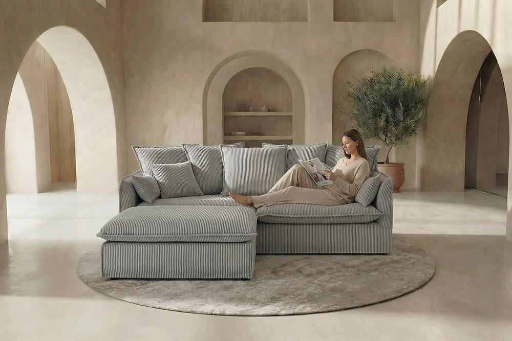 riess-ambiente 3-Sitzer HEAVEN 200cm hellgrau - Cord, Federkern, Polster, abnehmbarer Bezug, Einzelartikel 1 Teile, Großes Hussensofa inkl. Kissen - ideal für große Wohnzimmer & Familien