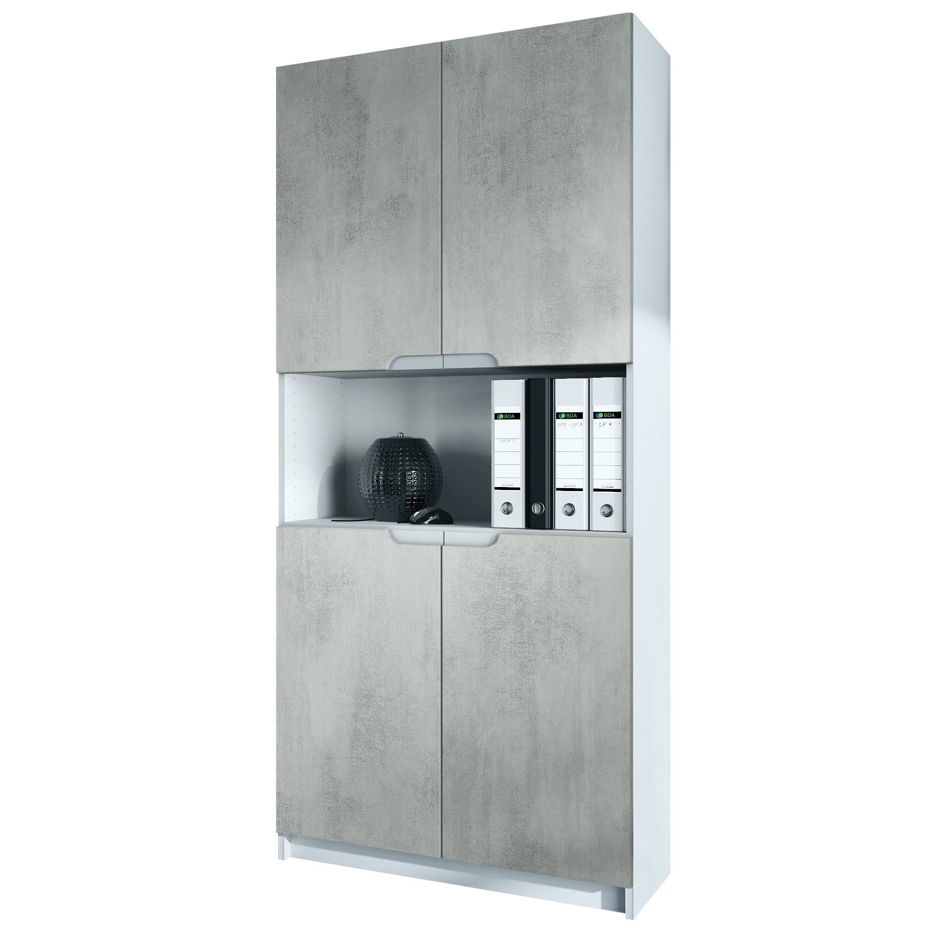 Vladon Aktenschrank Logan V2 (Aktenschrank, mit 5 Fächern und 4 Türen) Weiß matt/Beton Oxid Optik (82 x 185 x 37 cm)