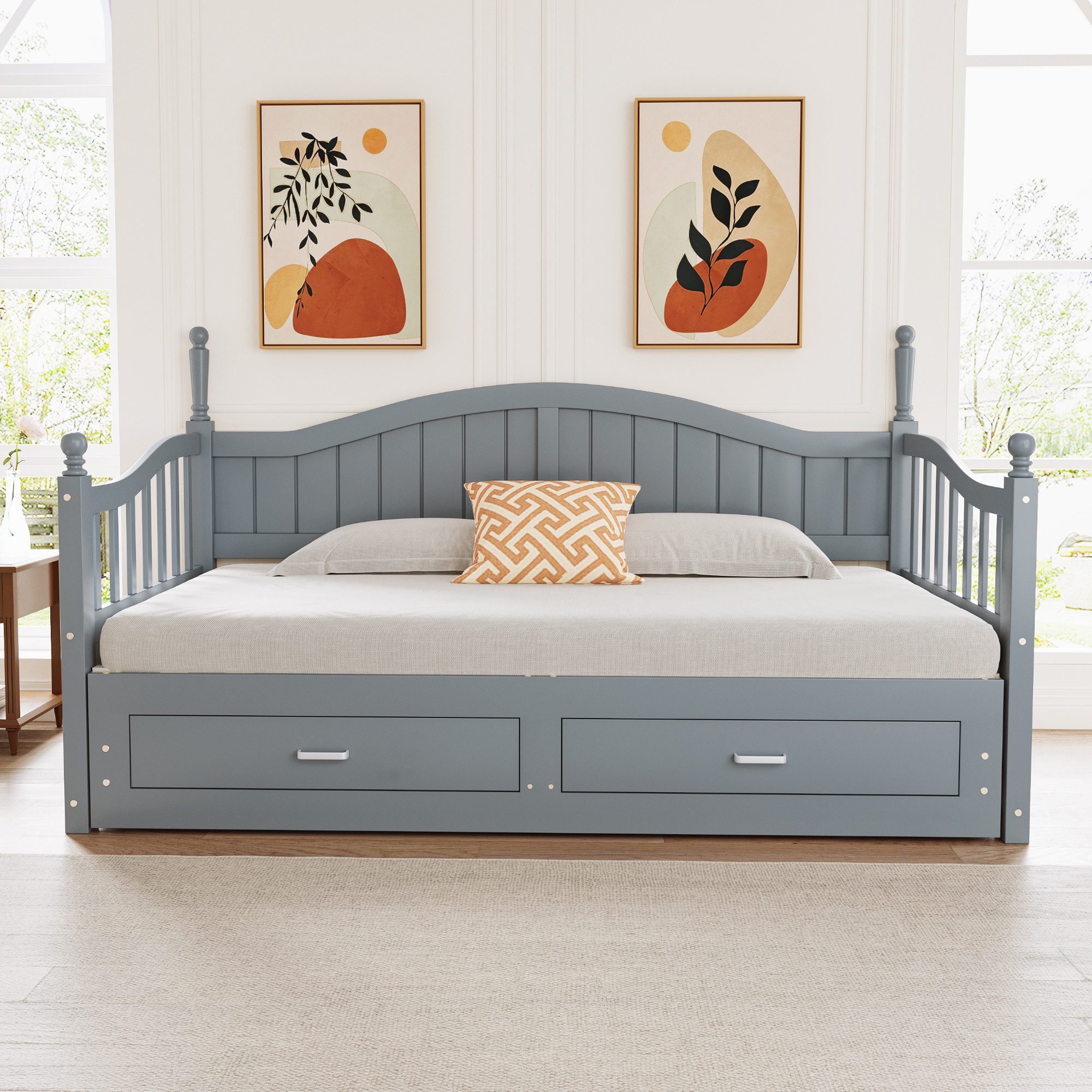 Flieks Daybett, Holzbett Kinderbett mit Ausziehbett 90/180x190cm 2 Schubladen