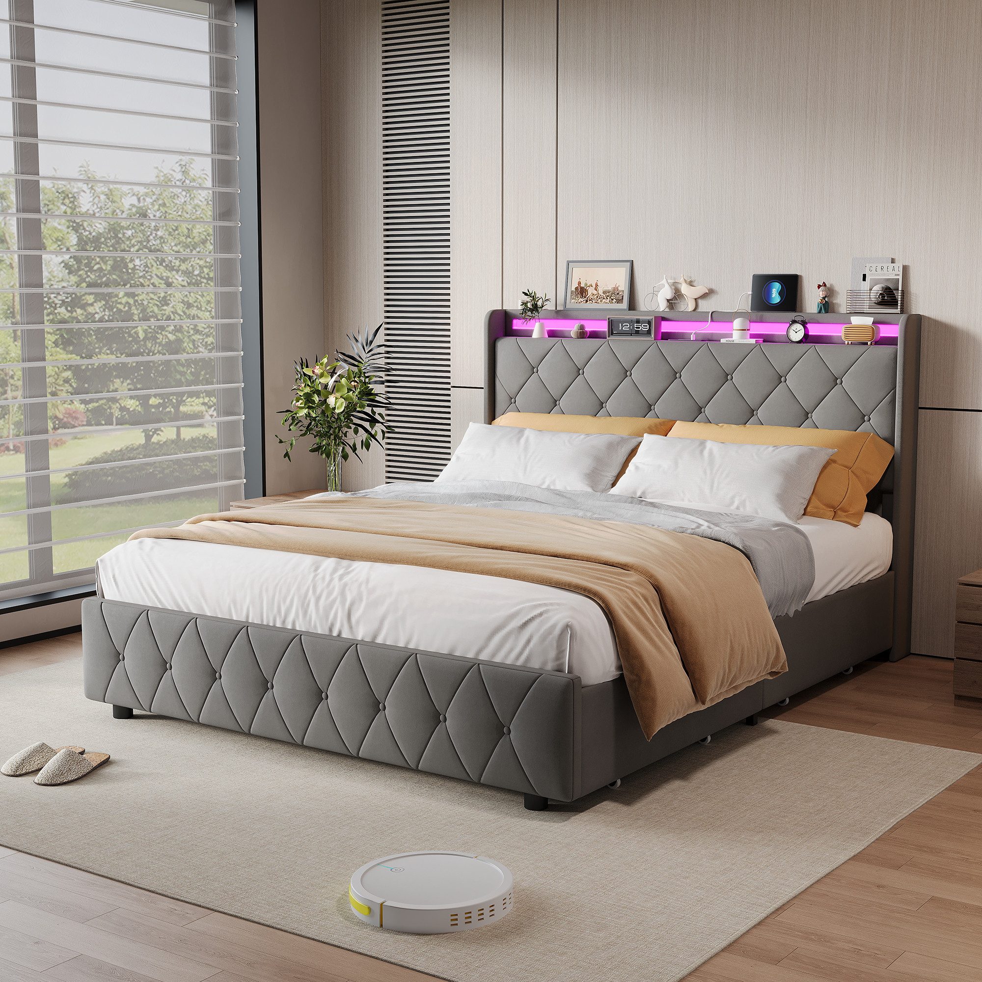 ADWOLT Stauraumbett Polsterbett mit Lattenrost und LED-Beleuchtung, Jugendbett 160x200cm mit USB&Type-C,Doppelbett mit 4 Schubladen,Grau