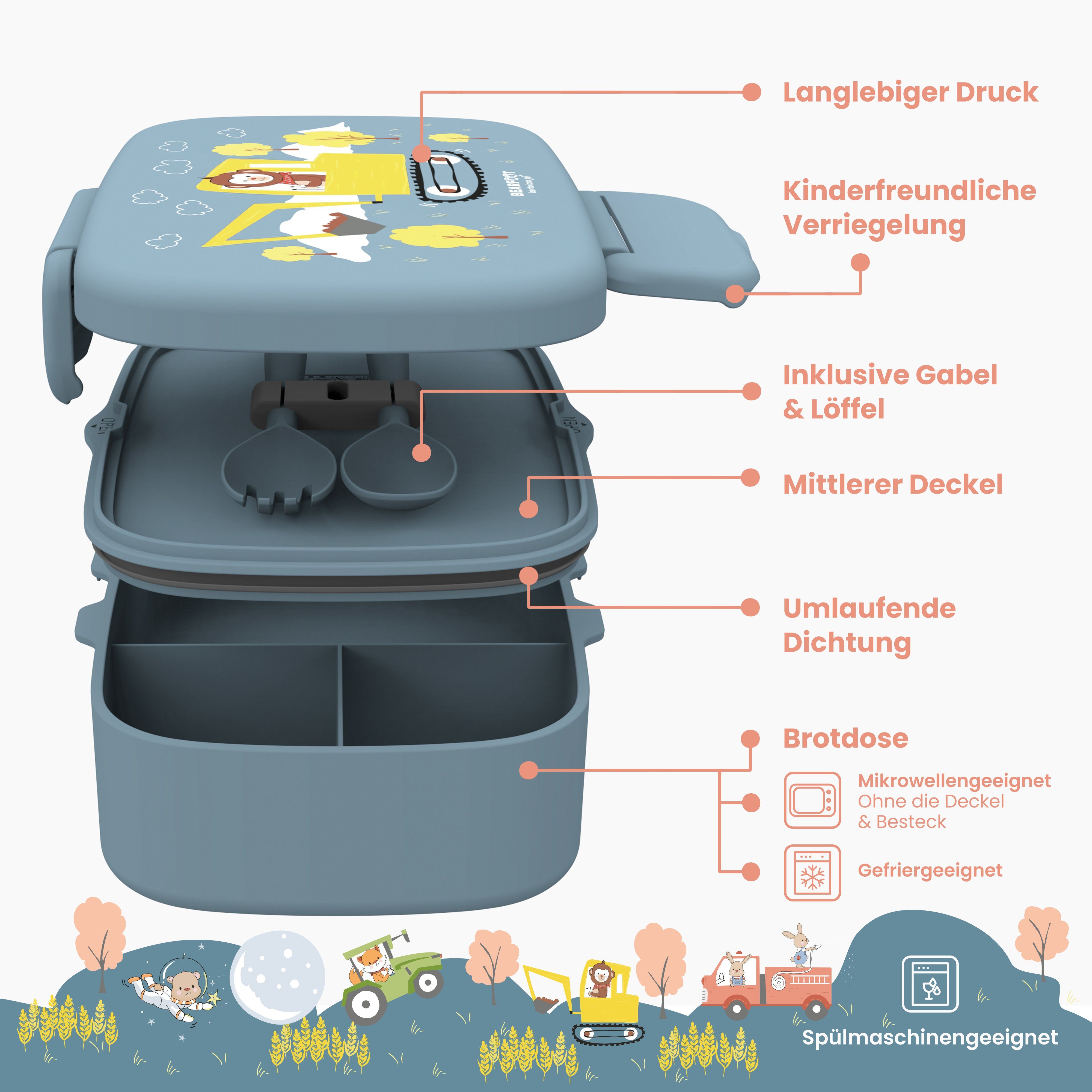 BEARFOOT Lunchbox Brotdose Kinder mit Fächern, leicht & auslaufsicher - Bagger, Kindergarten und Schule - Mädchen und Jungen, Vesperbox, Snackbox