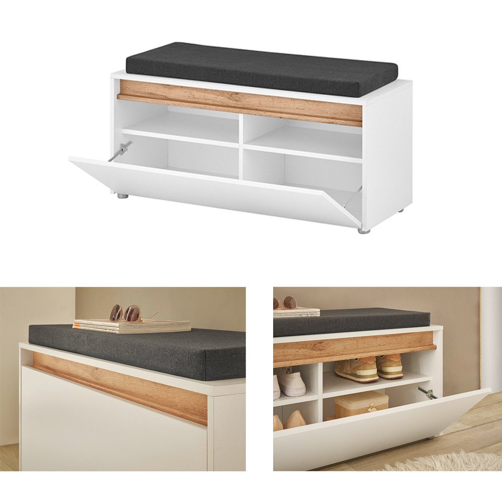 Lomadox Garderoben-Set CRISP-61, (Spar-Set, 5-St., Garderobenpaneel Schuhbank Garderobenschrank Spiegel Kommode), in weiß mit Wotan Eiche Nb., griffloses öffnen