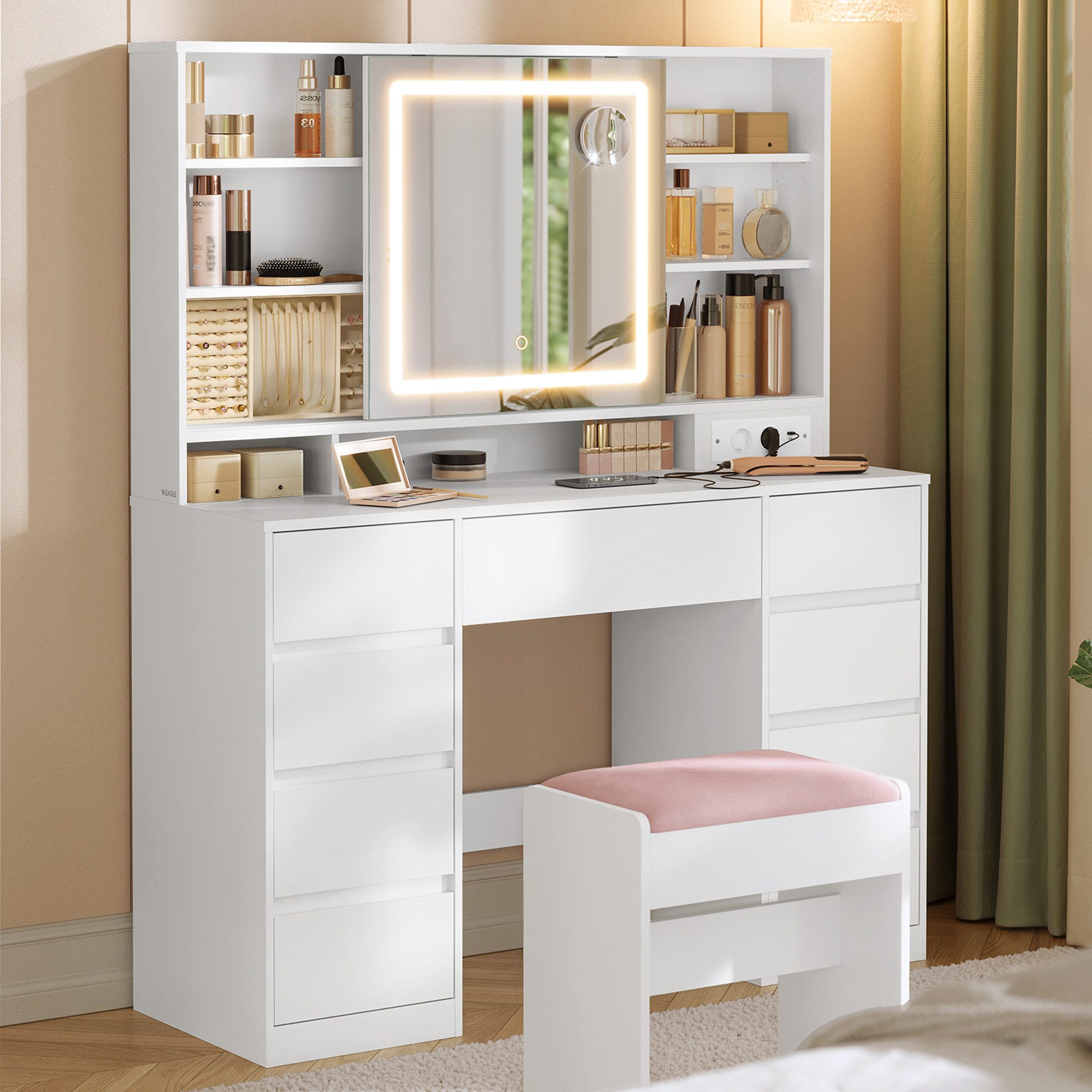 VASAGLE Schminktisch mit Spiegel und LED-Leuchten, Steckdosenleiste (1 Tisch mit 1 Hocker), 10x Vergrößerungsspiegel, 3 Lichtfarben, werkzeuglose Gleitschienen