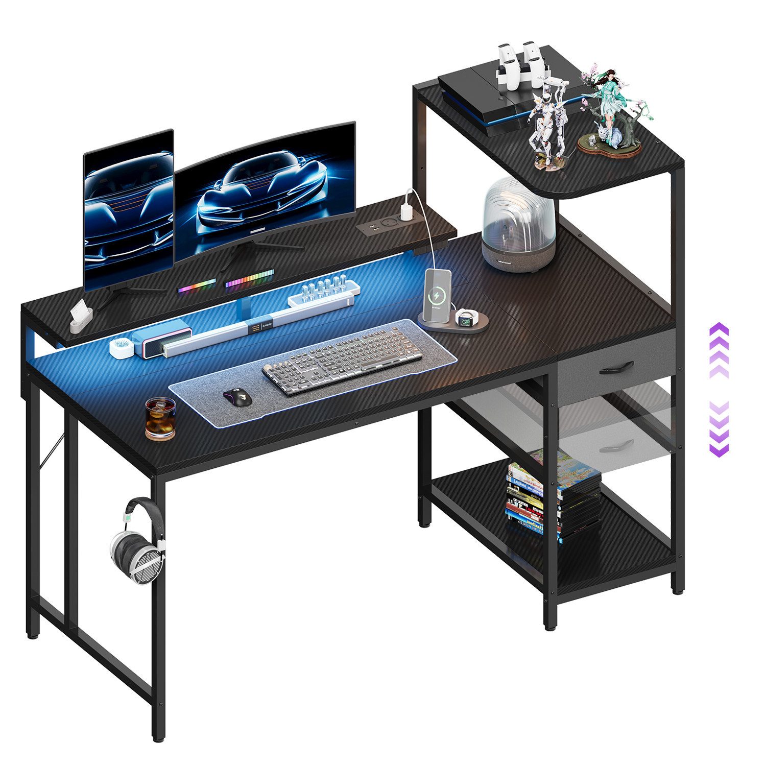 HOMALL Gamingtisch Schreibtisch mit LED-Beleuchtung und Tischplatte aus Karbonfaser (Maße: 120/140 cm, mit einer Schublade, einer Steckdose, einer Monitorhalterung und einer Kopfhörerhalterung, wobei die Halterungen sowohl links als auch rechts angebracht