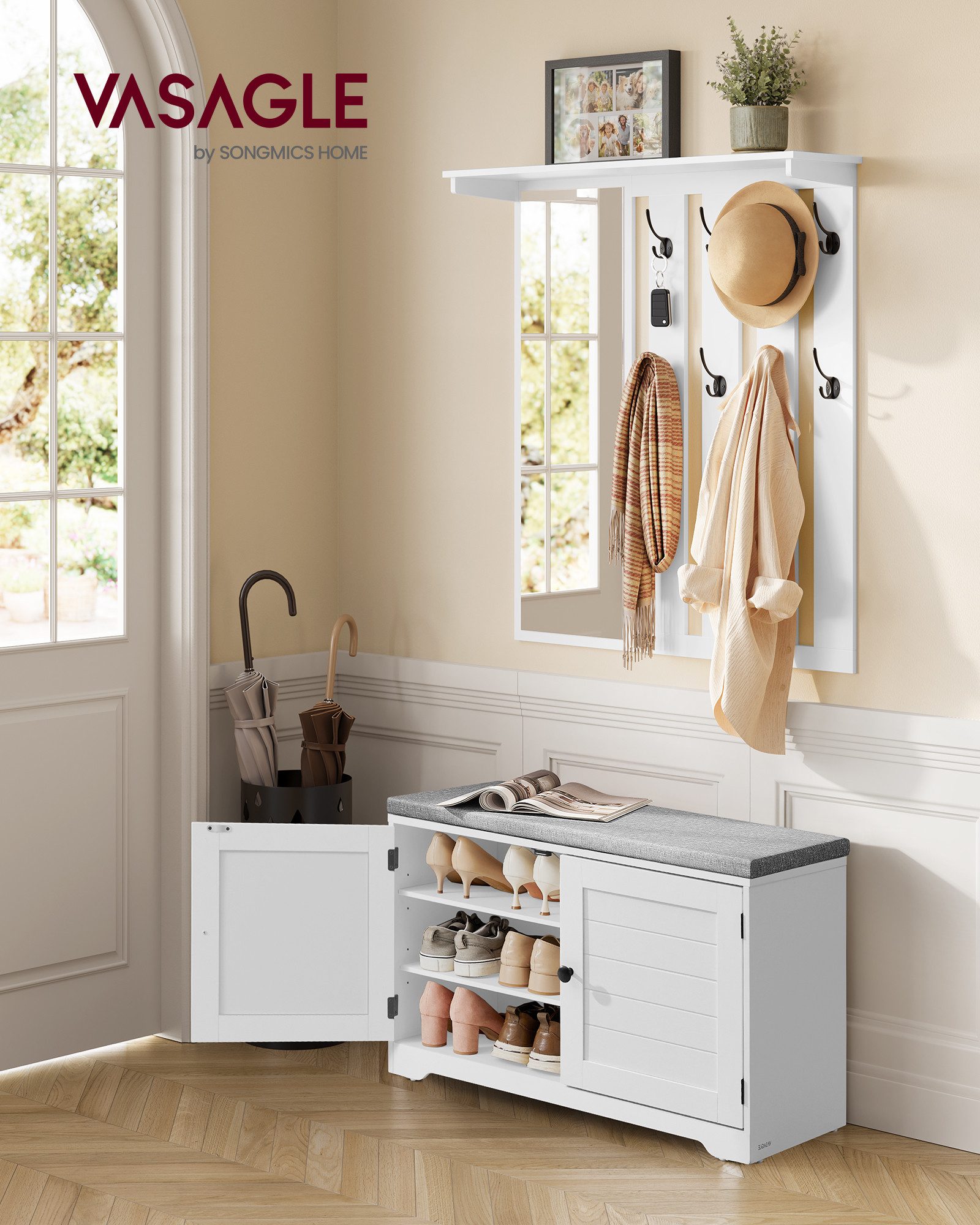 VASAGLE Schuhbank, Schuhbank Wandgarderobe Set, Garderobe mit Spiegel, 8 Do günstig online kaufen