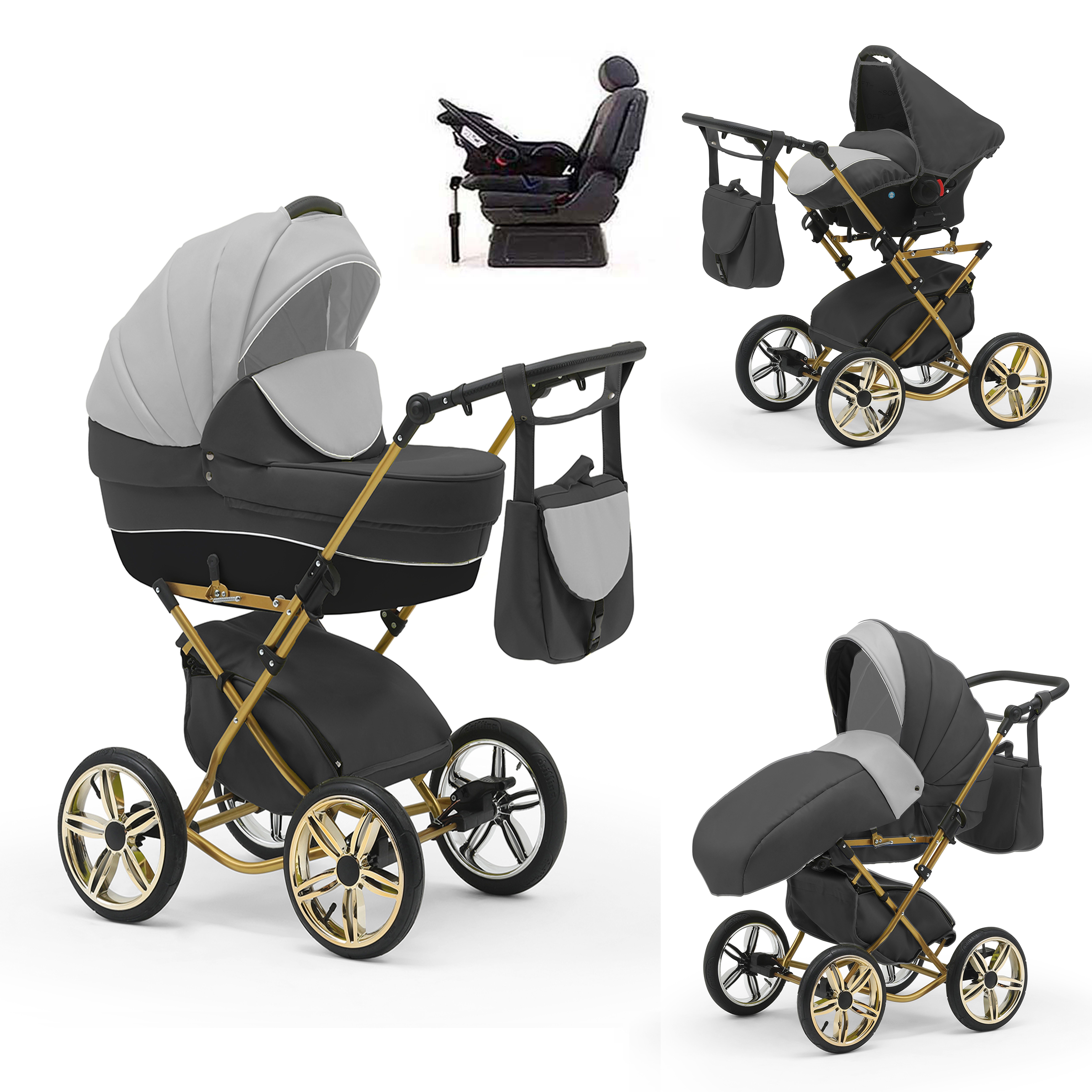 babies-on-wheels Kombi-Kinderwagen Sorento 4 in 1 inkl. Autositz und Iso Base - 14 Teile - in 10 Designs Grau-Hellgrau-Schwarz