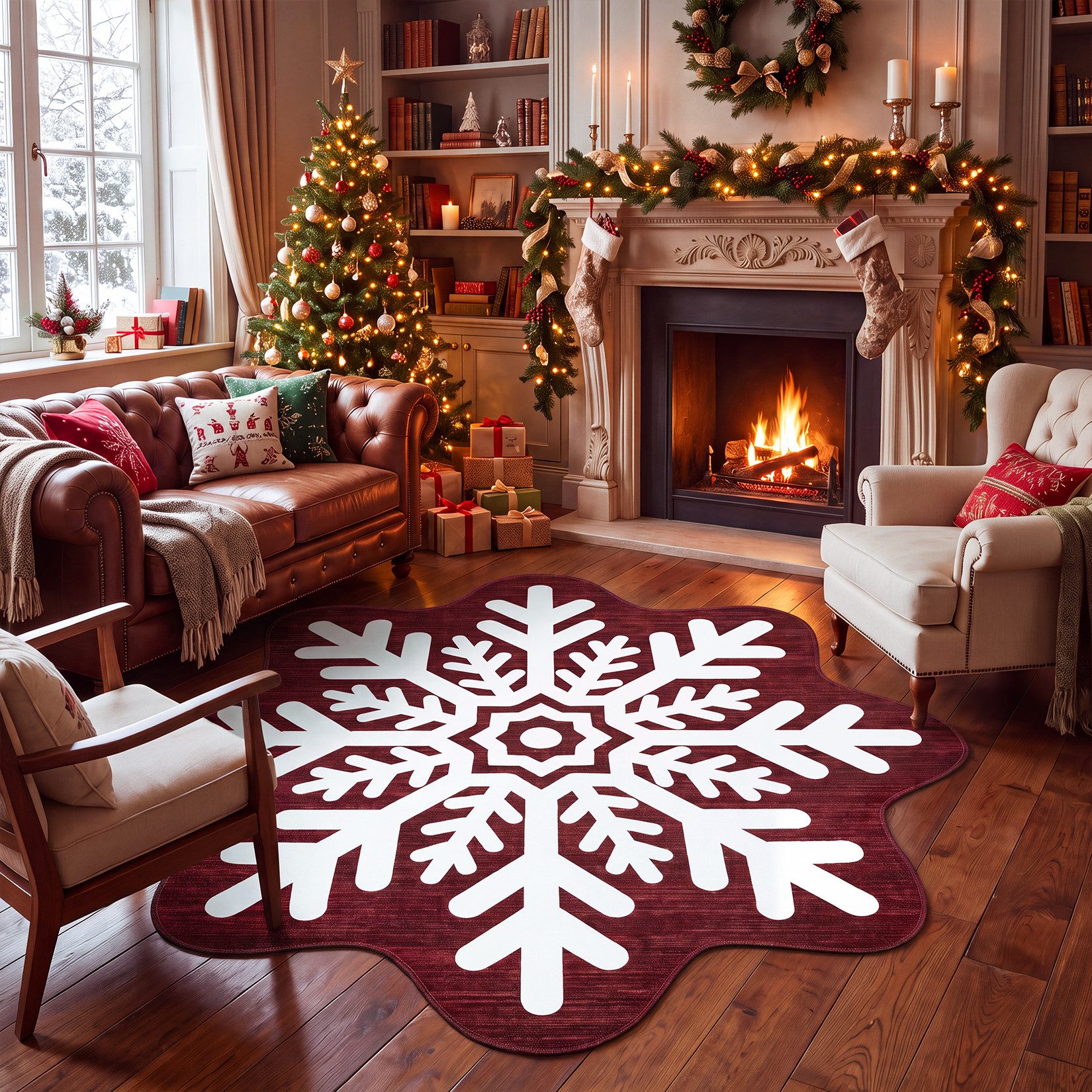 GarveeMore Teppich Roter Weihnachtsteppich mit Schneeflocken– Festlicher Dekoteppich, Höhe: 5 mm
