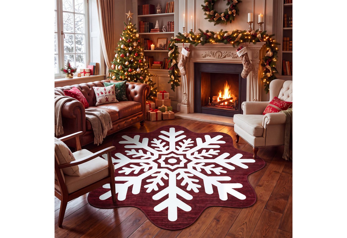 GarveeMore Teppich Roter Weihnachtsteppich mit Schneeflocken– Festlicher Dekoteppich, Höhe: 5 mm