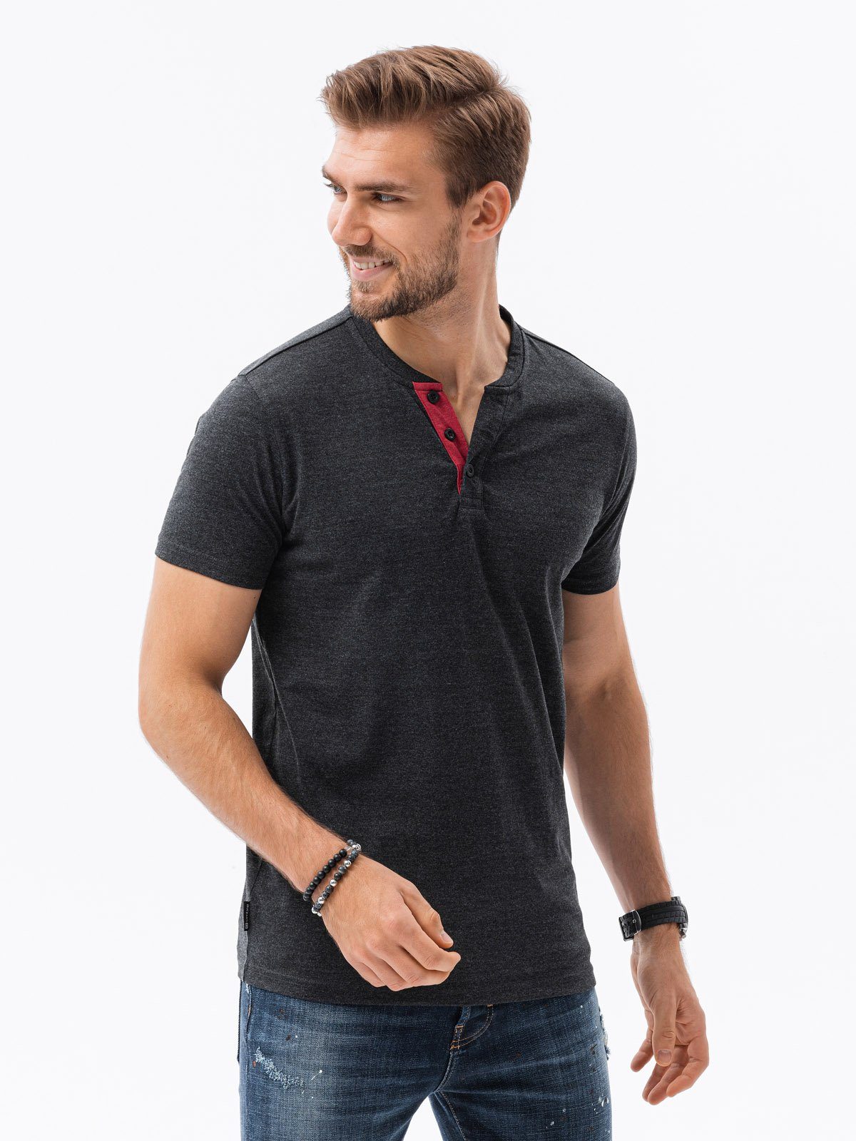 OMBRE T-Shirt Unifarbenes Herren-T-Shirt - schwarz meliert S1390 M