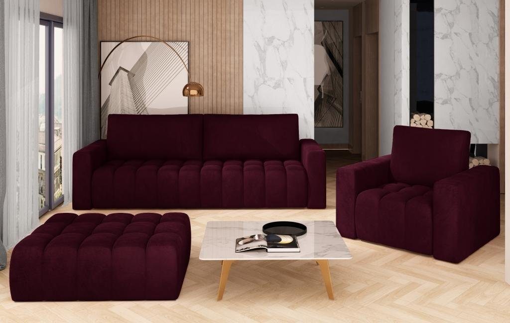 Stoff rot Hocker Sofagarnitur 3+1 3tlg JVmoebel Wohnzimmer Wohnzimmer-Set Garnituren Samt Sitzer