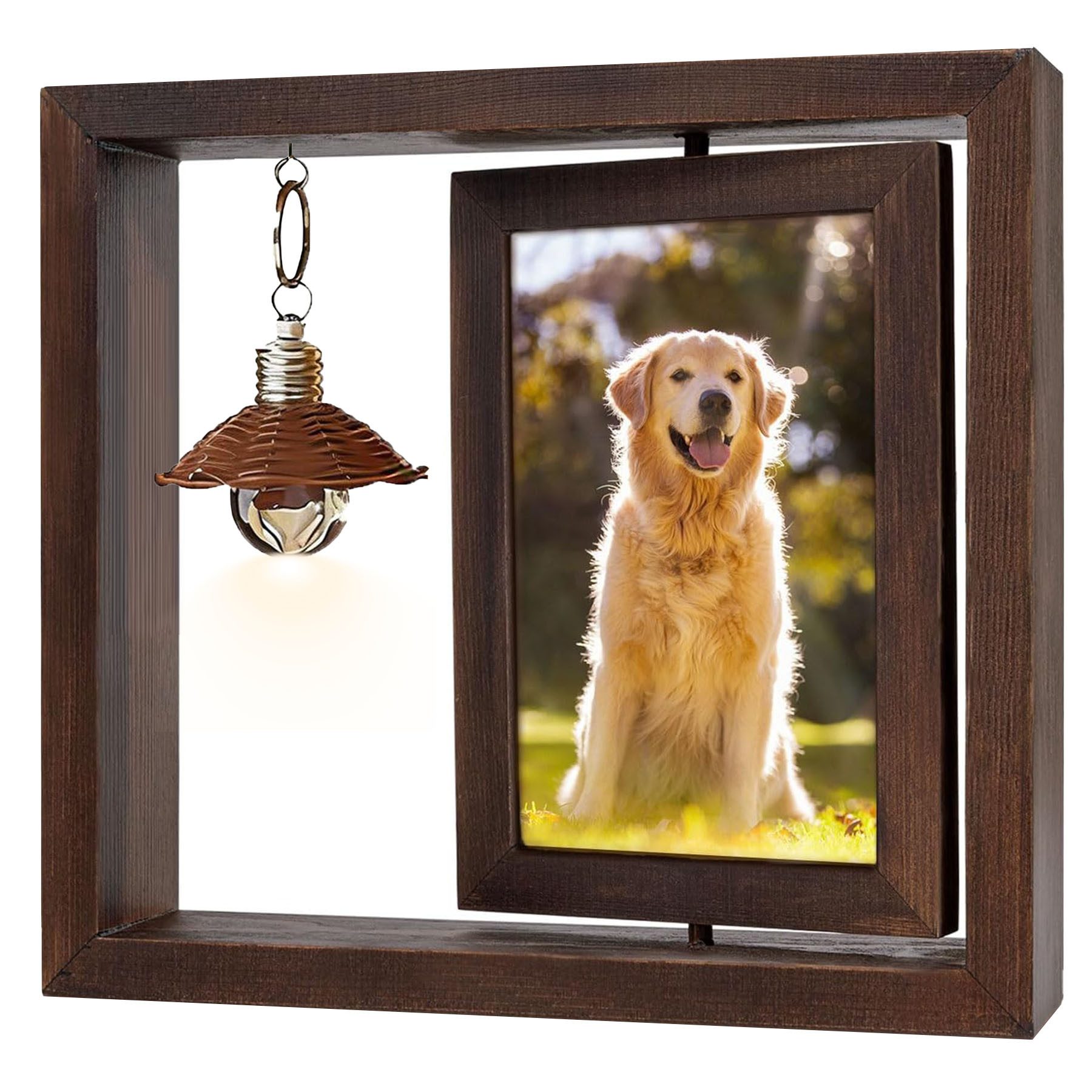 Senmudi Bilderrahmen Holzmaserung Bilderrahmen 10x15cm,360° Bilderrahmen Drehbare,2 Fotos, für 2 Bilder (23x22x4cm Holz Drehbare Fotorahmen mit Glühbirne), Personalisierter doppelseitiger Bilderrahmen - Thanksgiving Geschenk, Bilderrahmen für 6-Zoll-Fotos für BüRo Deko, Zuhause, Schreibtisch