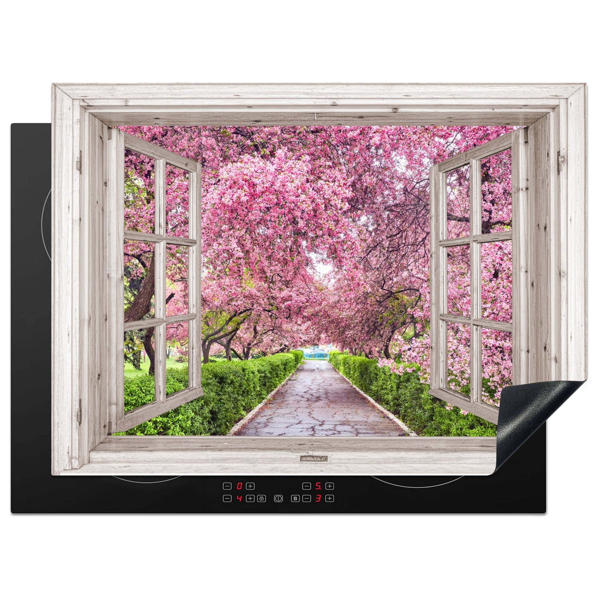MuchoWow Herdblende-/Abdeckplatte Japanisch - Sakura - Blüte - Baum - Blütenzweige - Durchsichtig, Vinyl, (1 tlg), 70x52 cm, Mobile Arbeitsfläche nutzbar, Ceranfeldabdeckung | Herdabdeckplatten