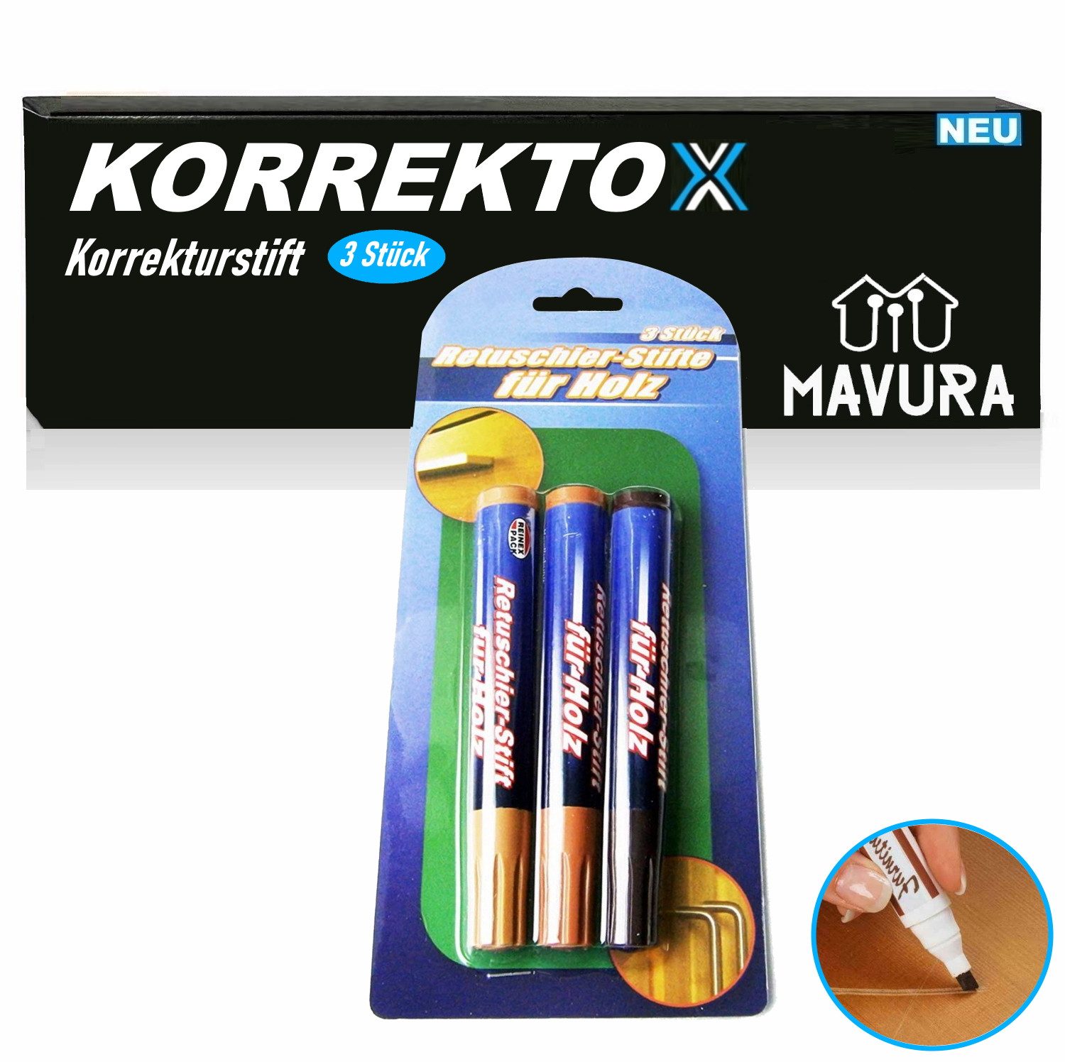 MAVURA Retuschierstift KORREKTOX Reparaturstift Korrekturstift Stift für Möbel, Holz Parkett Furnier Laminat Reparatur [3er Set]