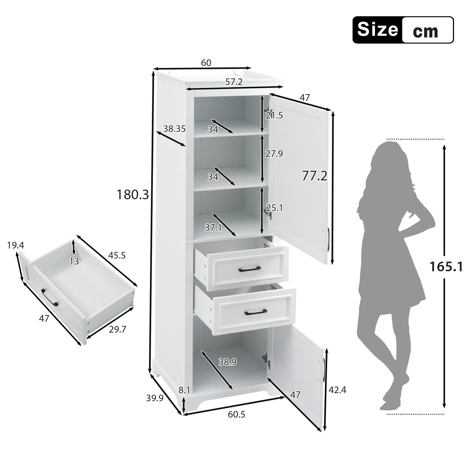 Flieks Hochschrank Badkommode mit verstellbaren Einlegeböden & 2 Schubladen (1-St., 60x40x180 cm) Mehrzweckschrank Badzimmerschrank mit Soft-Close-Funktion Weiß – Bild 5 von 5