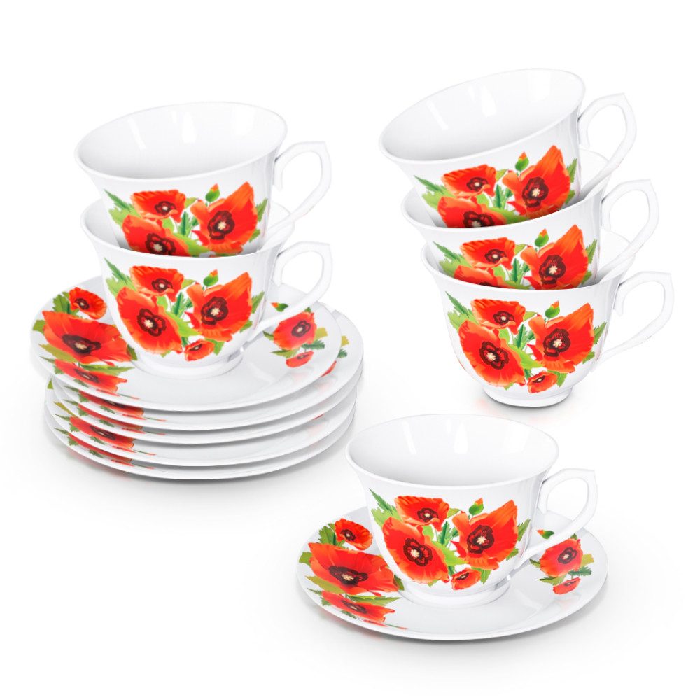 Teeservice Mohnblumen Porzellan 12-teilig 6 Tassen 200 ml Untertassen Ø 14 cm Rot (12-tlg), 6 Personen, Porzellan