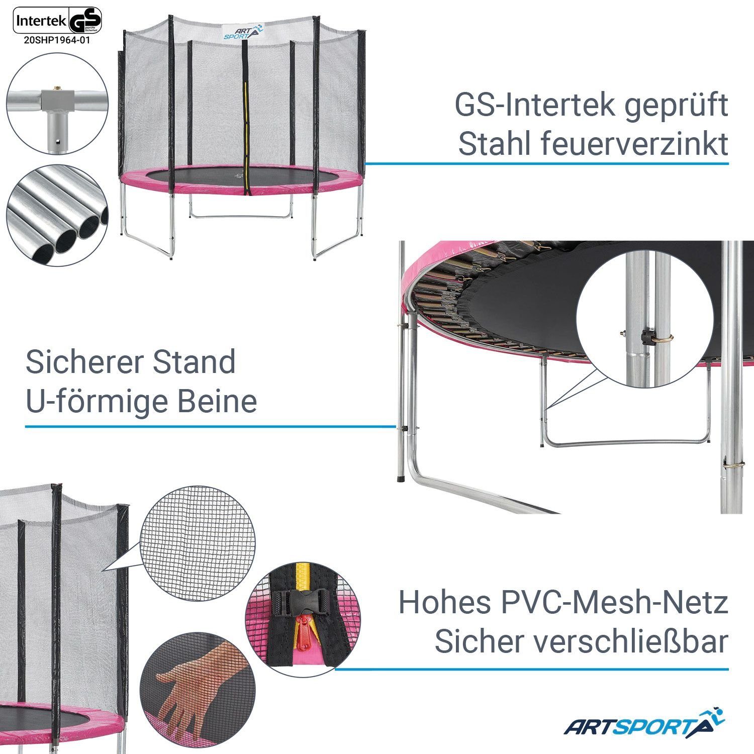 Ø Leiter und Sicherheitsnetz, ArtSport Gartentrampolin m, Jampino, 3,05 Rosa Randabdeckung