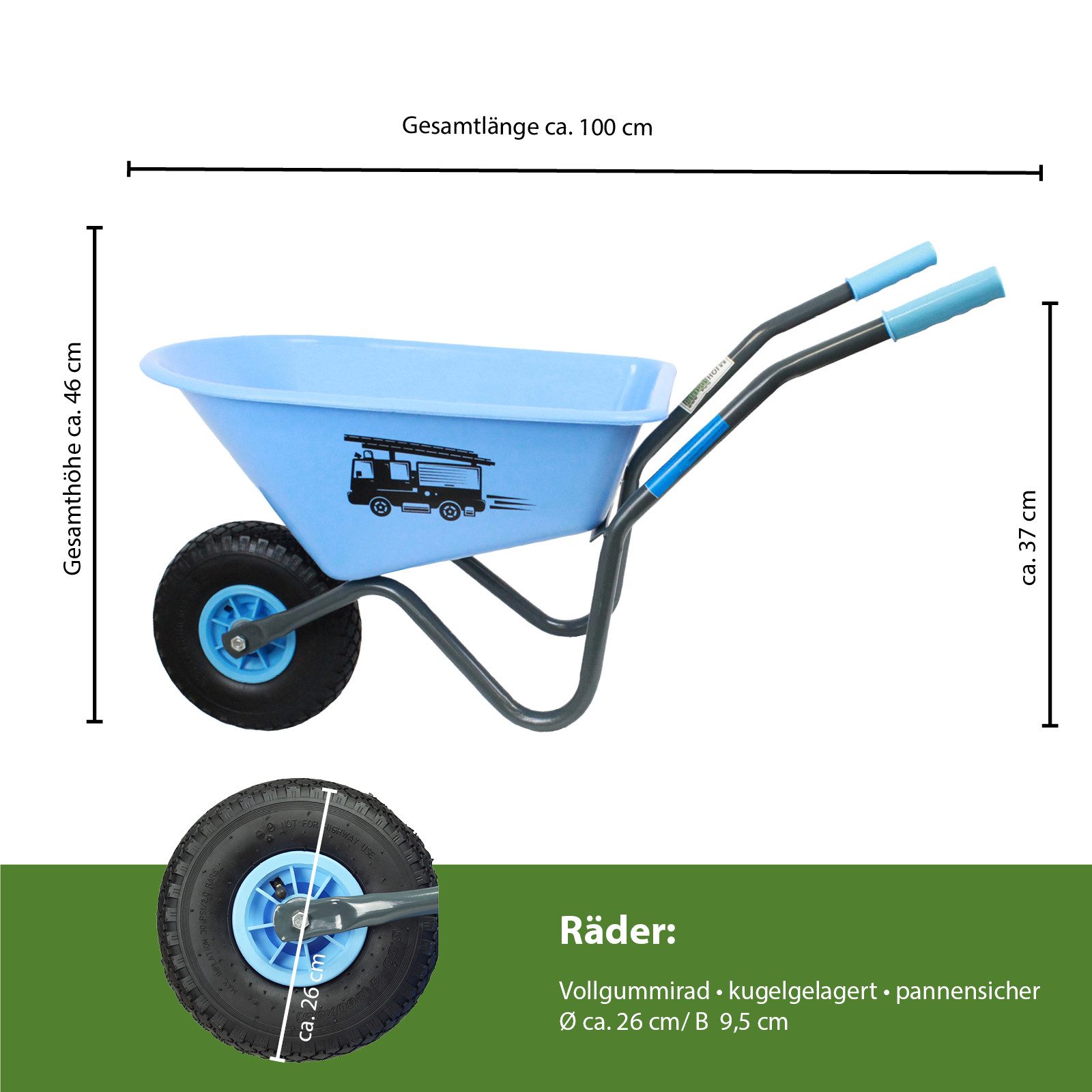 TRUTZHOLM Schubkarre Kinderschubkarre Feuerwehr Schiebkarre Metallschubkarre Gartenkarre, Blau,stabil,einfach zu montieren