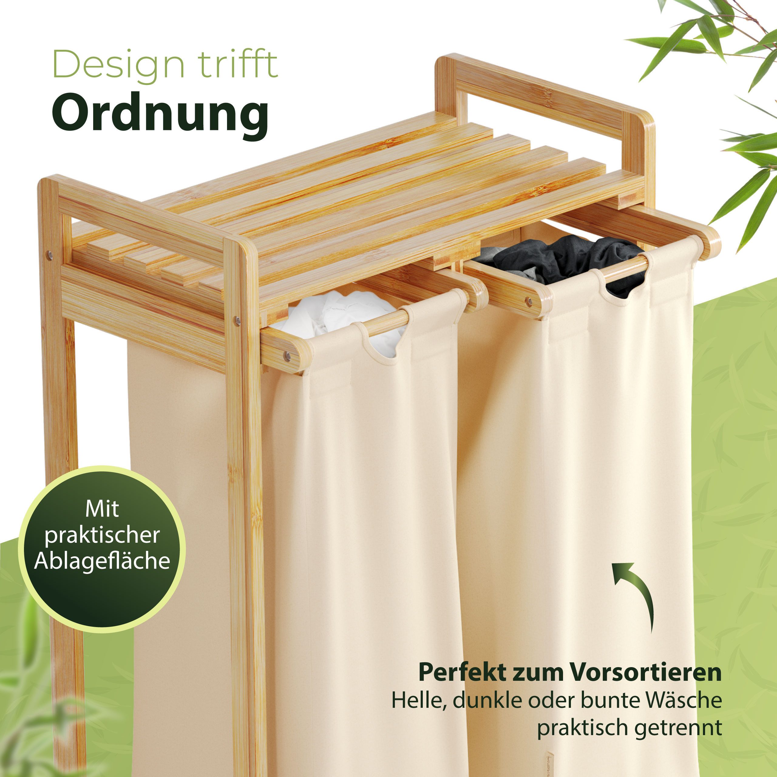 AMBIAVO Ausziehwäschekorb 2 Fächer aus Bambus und Baumwolle, mit Ablage günstig online kaufen