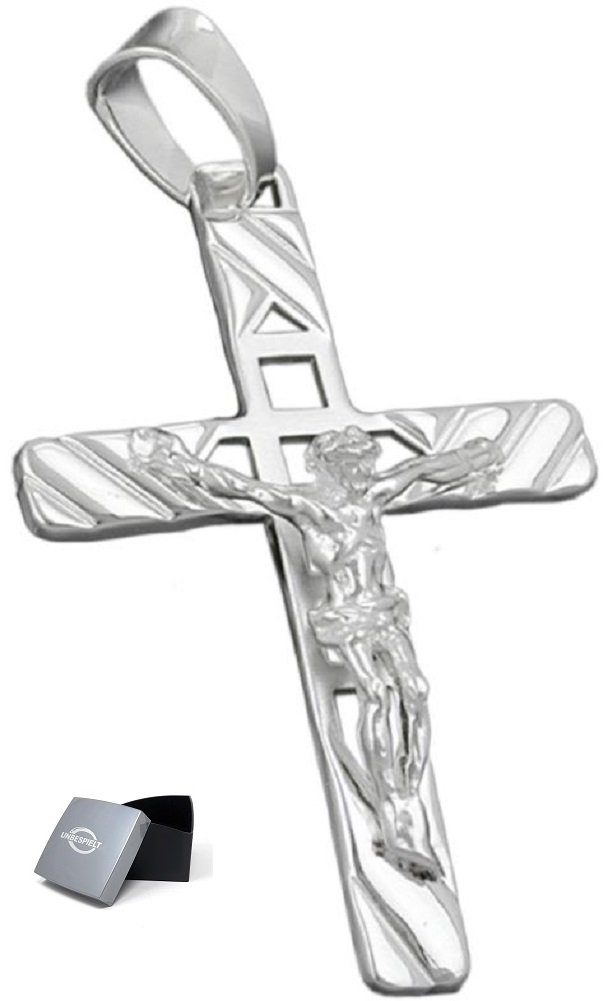 unbespielt Kreuzanhänger Kettenanhänger Silberanhänger Religion Anhänger Kreuz mit Jesus glänzend 925 Silber 35 x 22 mm inkl. kleiner Schmuckbox, Silberschmuck für Damen und Herren