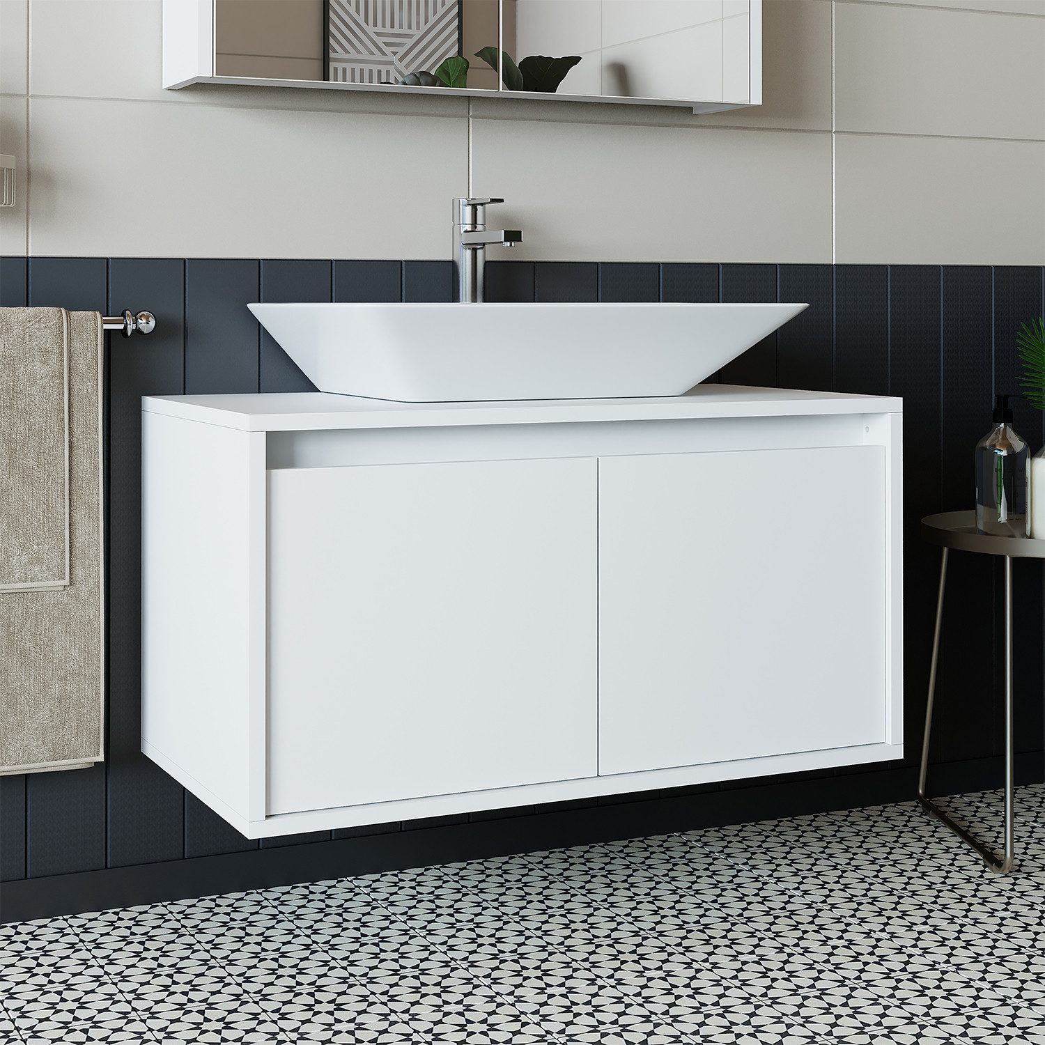 Roomart Badmöbel-Set ATLANTIC 85 cm, opt: mit Keramik-Aufsatzbecken in 4 Farben, (Badmöbel ATLANTIC 85cm in 4 Farben Unterschrank ohne Waschbecken)