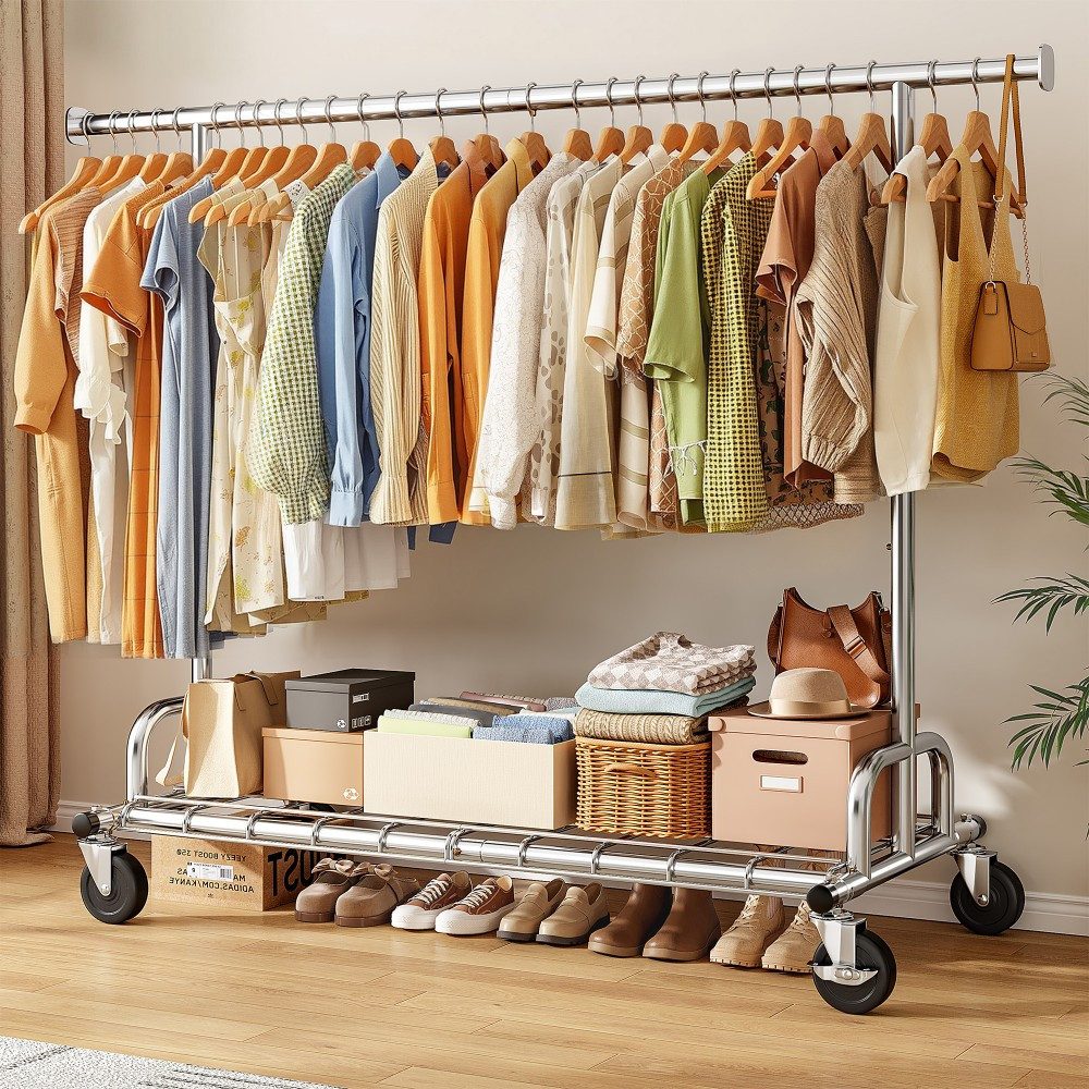 Klyvvo Kleiderständer auf Rollen, Ausziehbare Schwerlast Kleiderständer Stabil mit Rollen, (1 St), Kleiderstange aus Metall für Kleider, Pullover, Mäntel, Clothes Rack