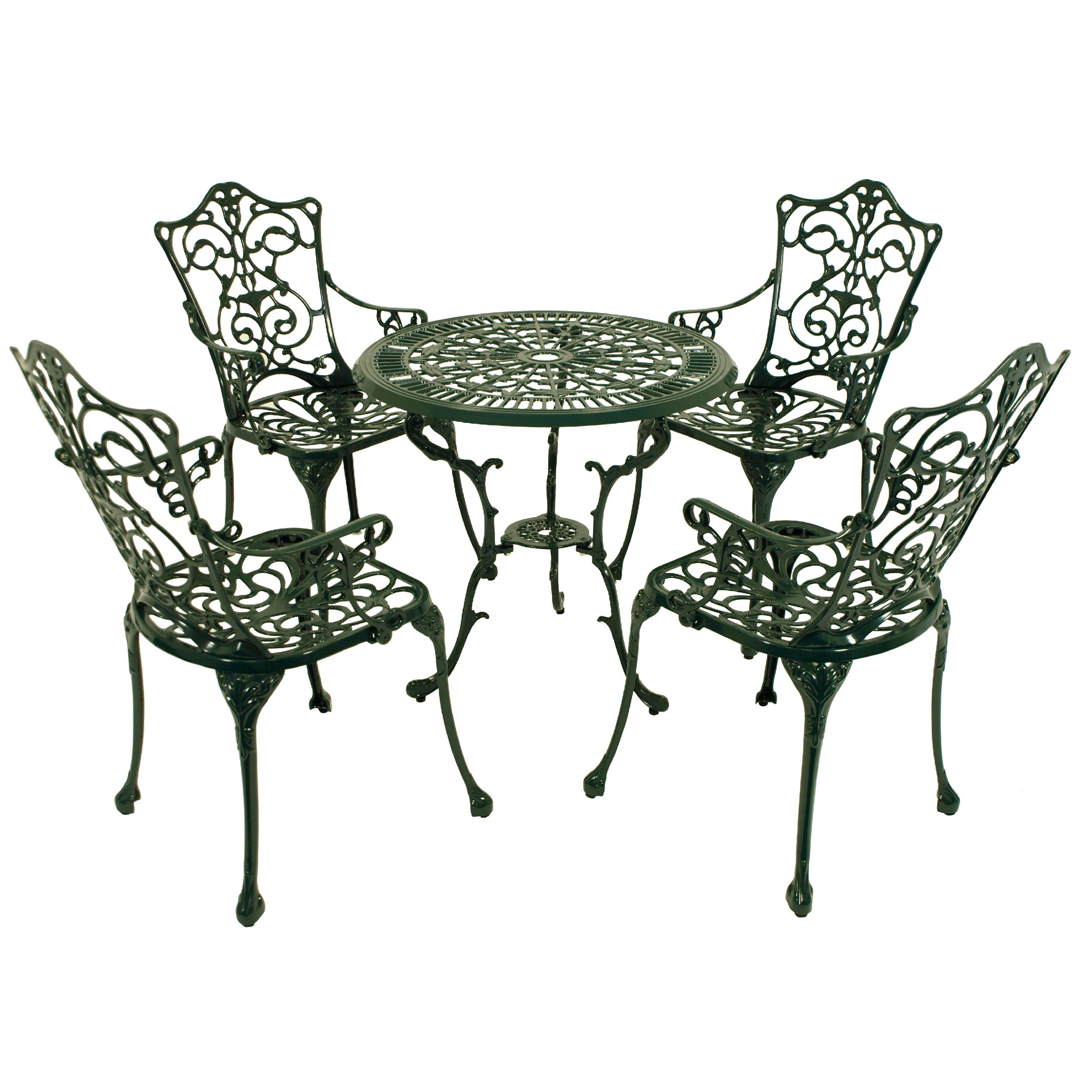 TPFGarden Sitzgruppe BOULDER, (Bistroset - Jugendstil - Gartenmöbel Set 5-teilig, 5-tlg., Sitzgruppe Aluguss antik weiß), (4x Sessel mit Armlehnen, 1x Tisch 70cm rund)