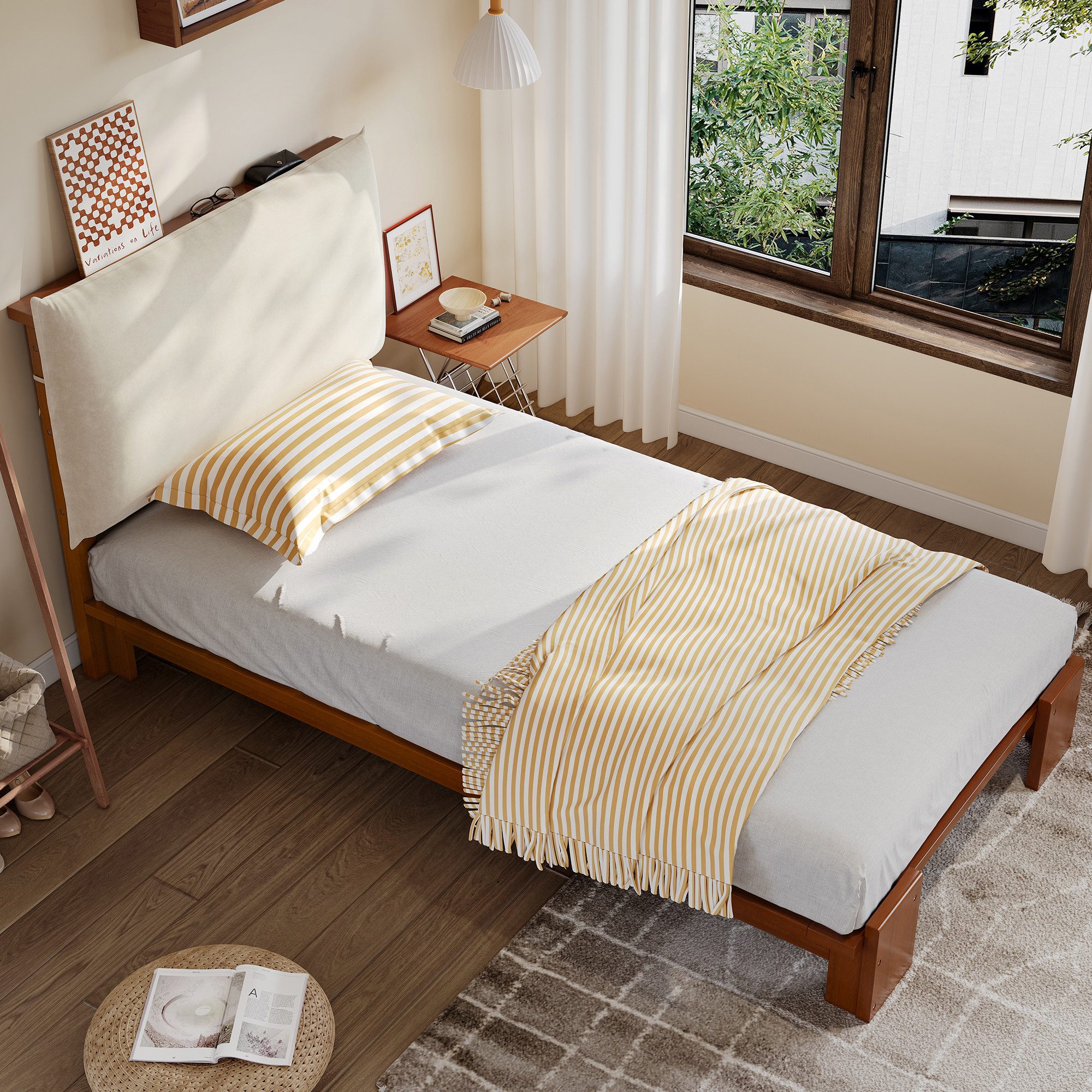 Odikalo Polsterbett Kinderbett Einzelbett 90x200 140x200 mit Kopfteil (Einzelbett, Gepolsterte Ruckenlehne mit Klettverschluss, Stabile Lattenroste, Breitere Bettbeine, Kiefer+Schwamm+Sperrholz, Dunkelbraun, 90x200cm, Ohne Matratze)