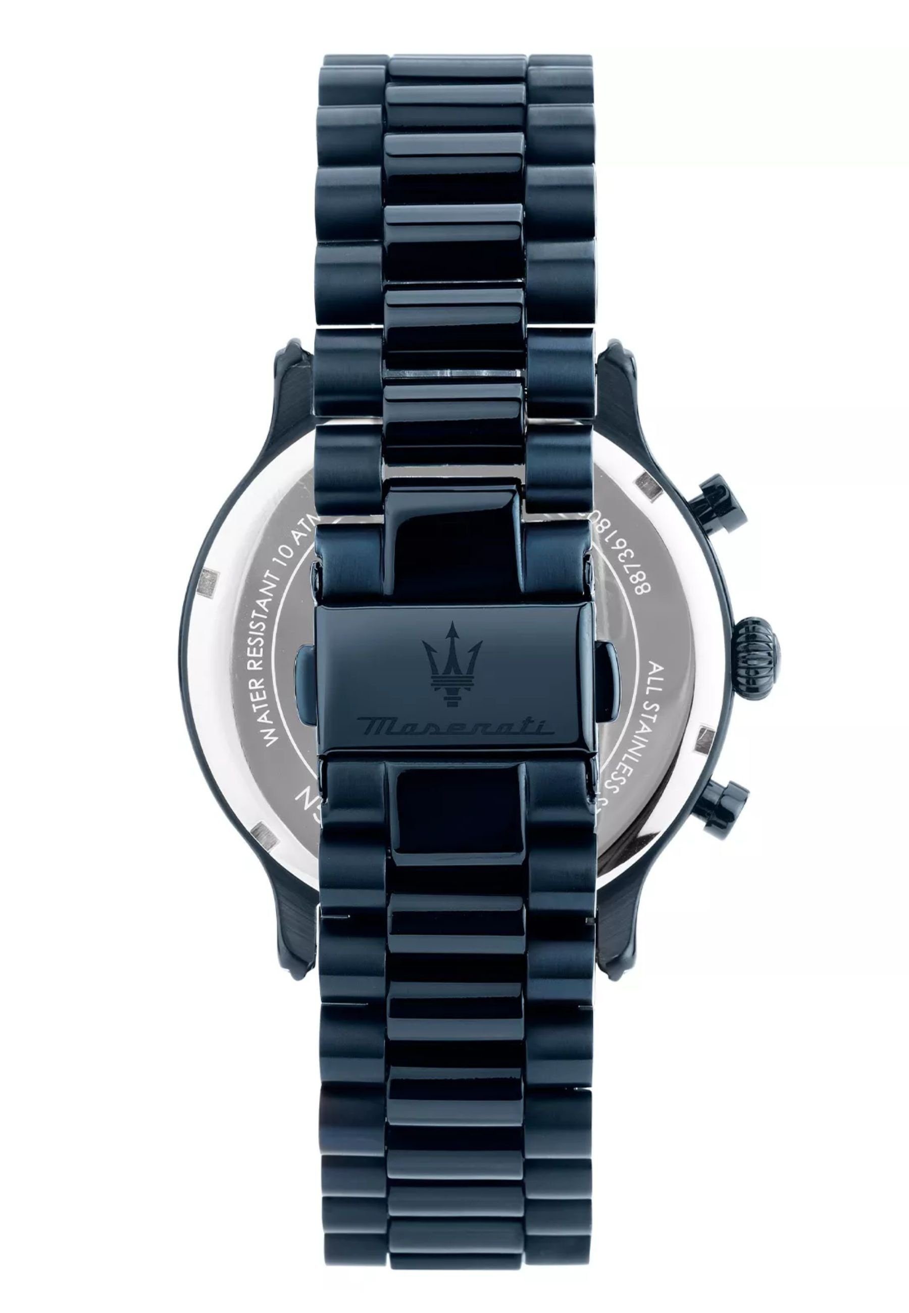 Edition, modernem Zifferblatt wird Epoca Time mit Blue Der Design, Mineralglas geschützt auf durch Blick Chronograph Maserati das