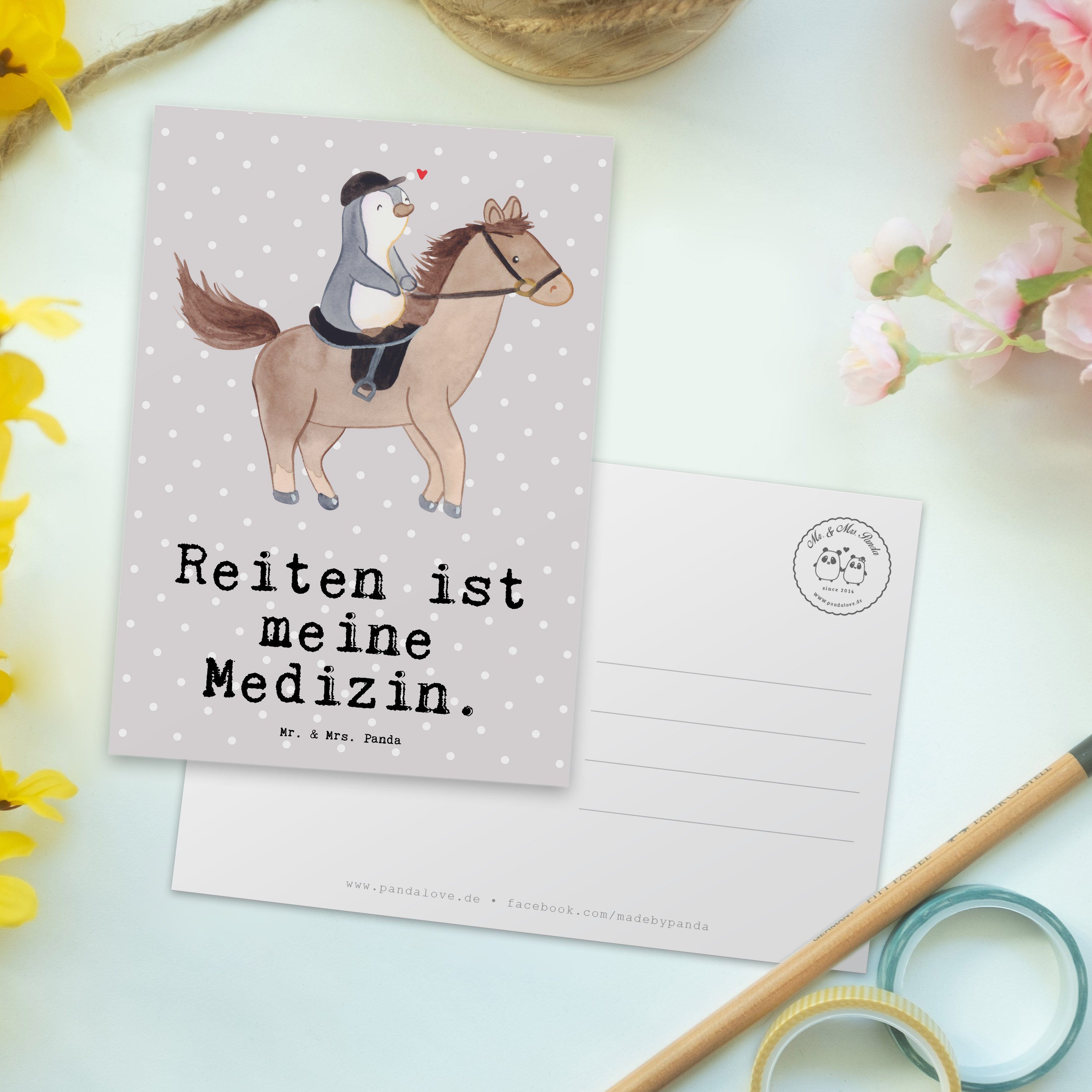 Reiten - Pastell Mr. - Grau Panda & Karte, Pf Geschenk, Pferd Medizin Mrs. Dankeschön, Postkarte