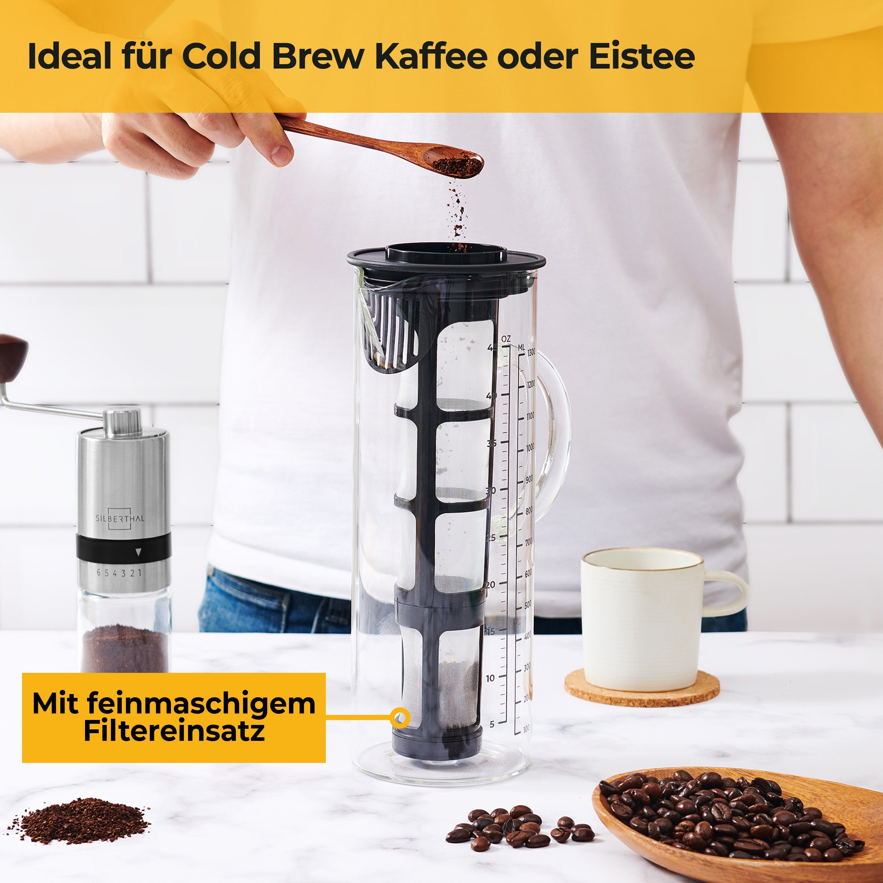 für Kühlschranktüren Sieb, Brew SILBERTHAL Kaffeekanne, Zubereiter, ideal 1.3l Cold feinmaschiges