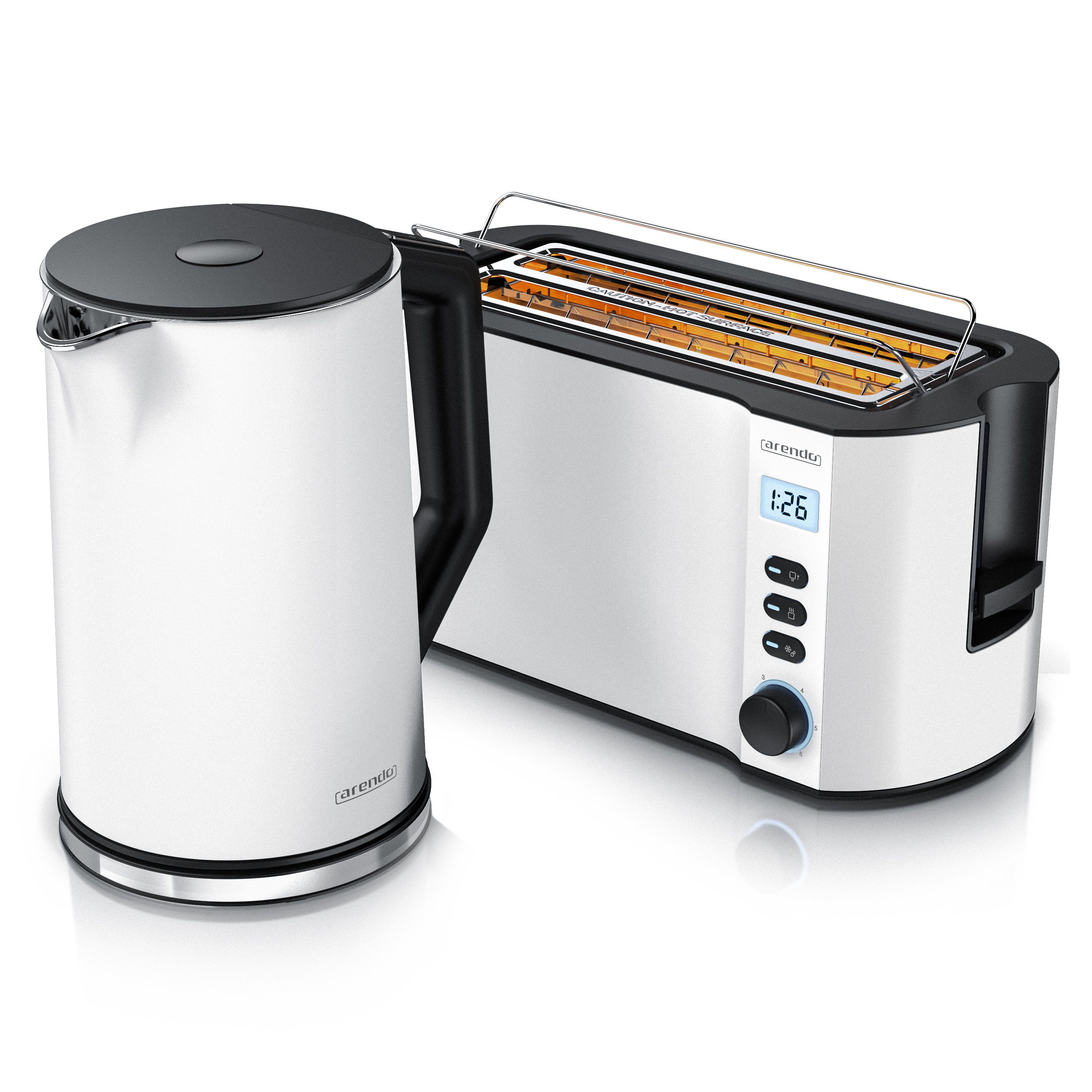Arendo Frühstücks-Set (2-tlg), Edelstahl Wasserkocher 1,5l, 4-Scheiben Langschlitz Toaster, Weiß Matt
