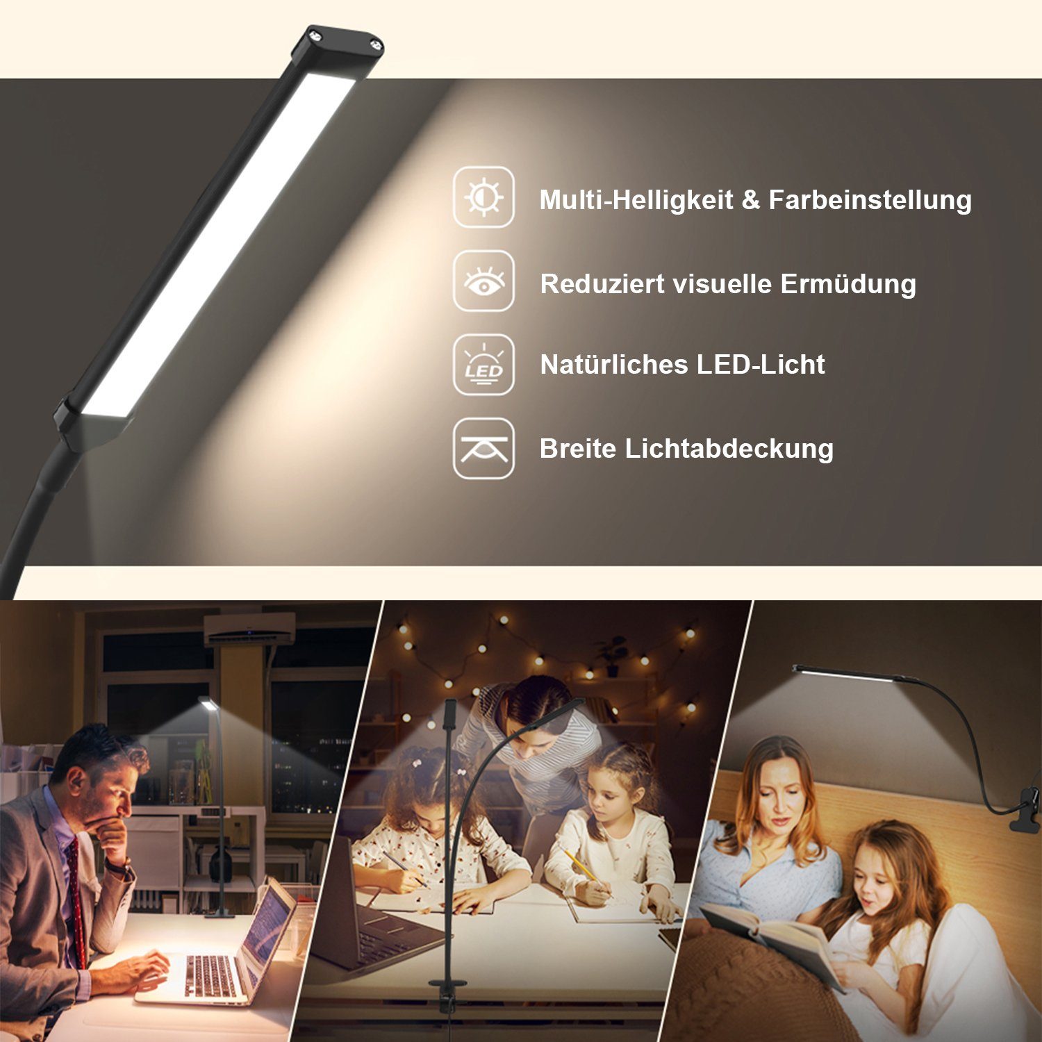 MUPOO LED Schreibtischlampe LED Klemmleuchten,3 Farbtemperatur,Clip-on-Lampe,Leselampe Klemme, 70cm USB-Betrieben,20cm Lampenkopfgröße, 40cm/70cm Lampenhöhe,USB – Bild 5 von 5