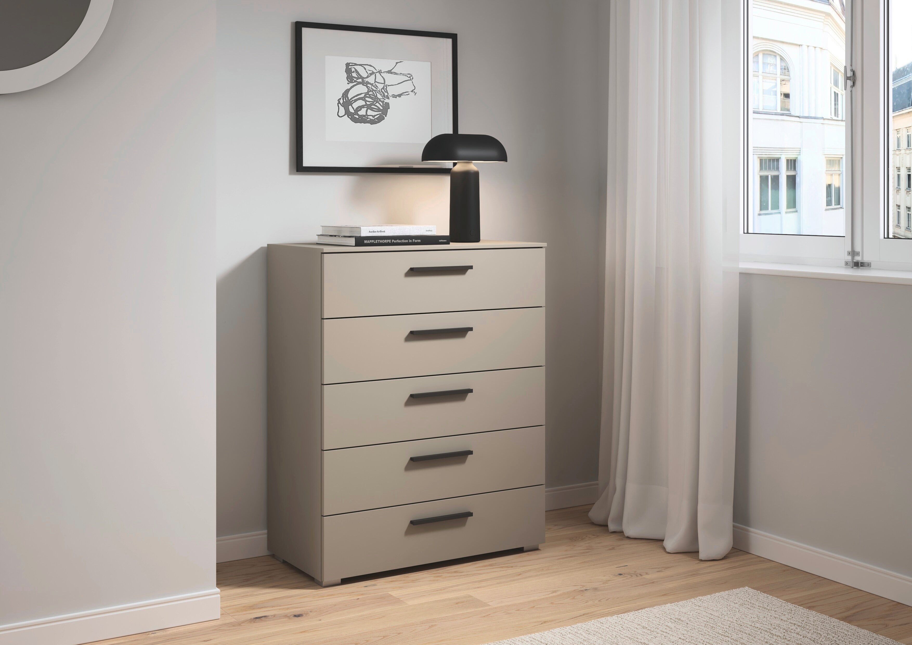 rauch Schubkastenkommode Highboard Sideboard Kommode MONTCLAR Frontauswahl Dekor/Hochglanz/Glas (in 2 Breiten: 40 oder 80 cm / Höhe 100 cm, inkl. Soft-Close-Funktion), mit 5 geräumigen Schubladen, viele Griffvarianten MADE IN GERMANY