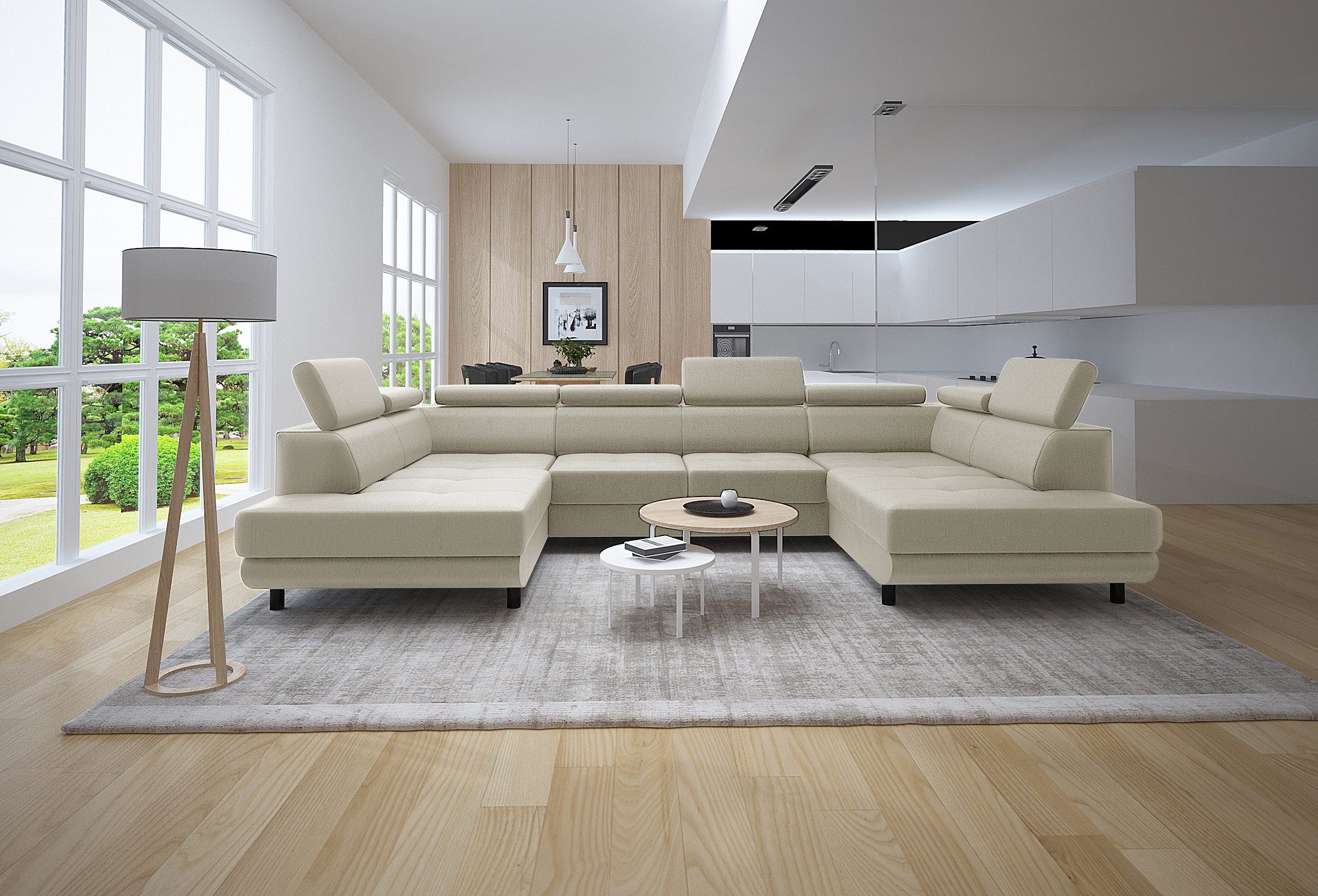 thematys Ecksofa LUNA U mit Schlaffunktion & Bettkasten – aus weichem Velours Stoff, mit verstellbaren Kopfstützen, – U-Form 325×183 cm – Schlafsofa mit Auszug