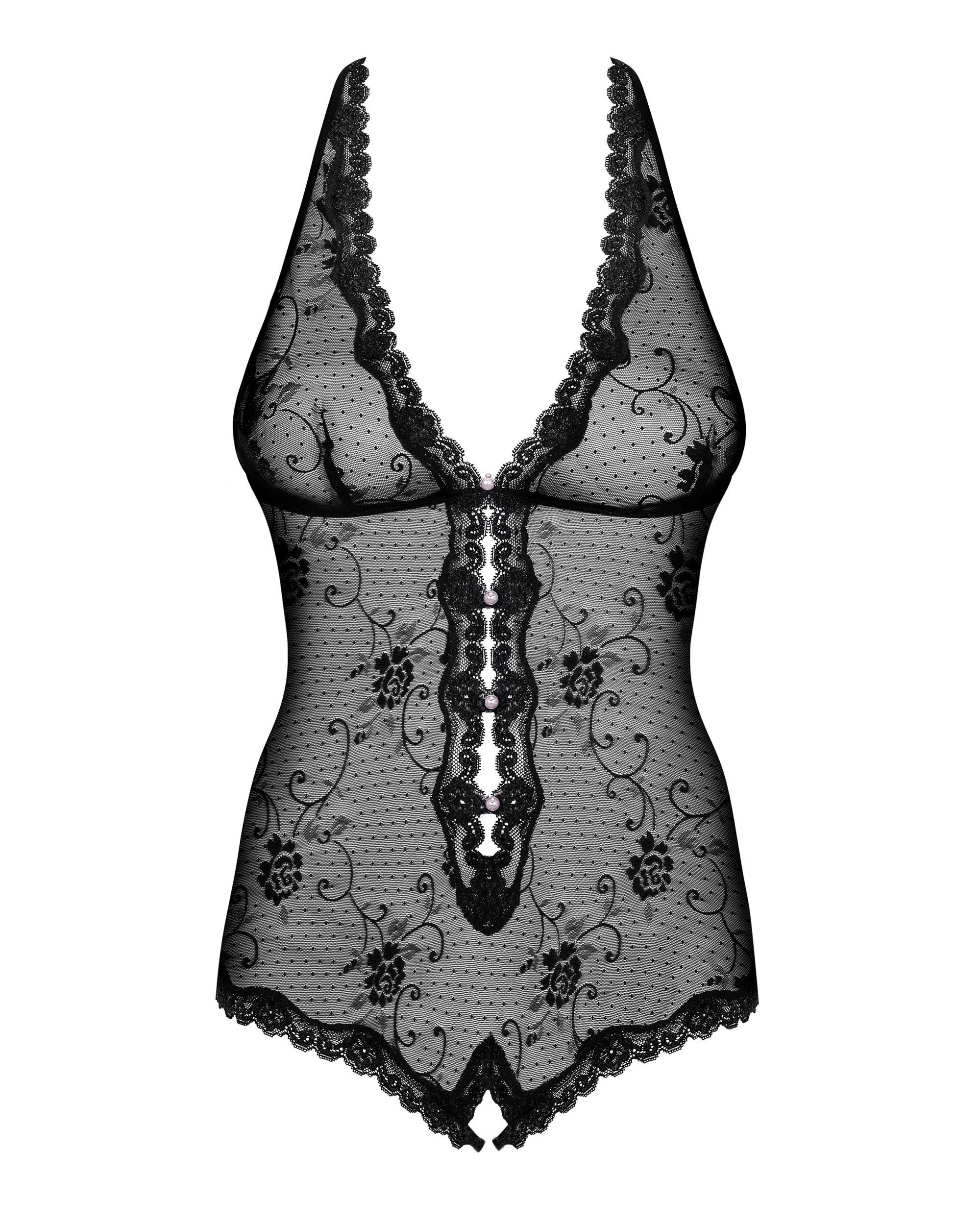 Obsessive Body Transparenter Body mit Spitze Schleife ouvert offener Schritt schwarz (1-tlg) transparent