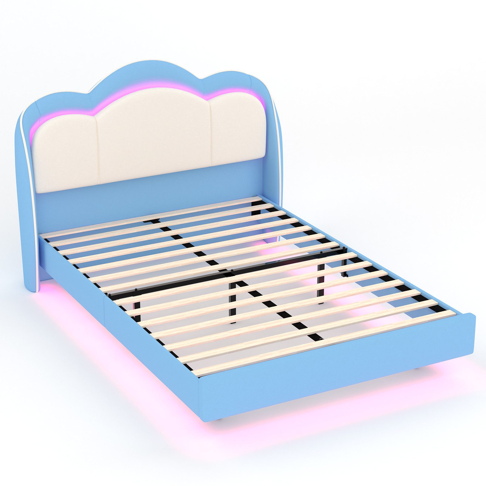 HOMAVO Boxbett Polsterbett inkl. Taschenfederkernmatratze mit integriertem Topper (140 × 200 cm Spar-Set, FSC® Polsterbett mit LED & 25 cm 7-Zonen-Matratze), Orthopädisch für Kinder, Jugendliche & Erwachsene