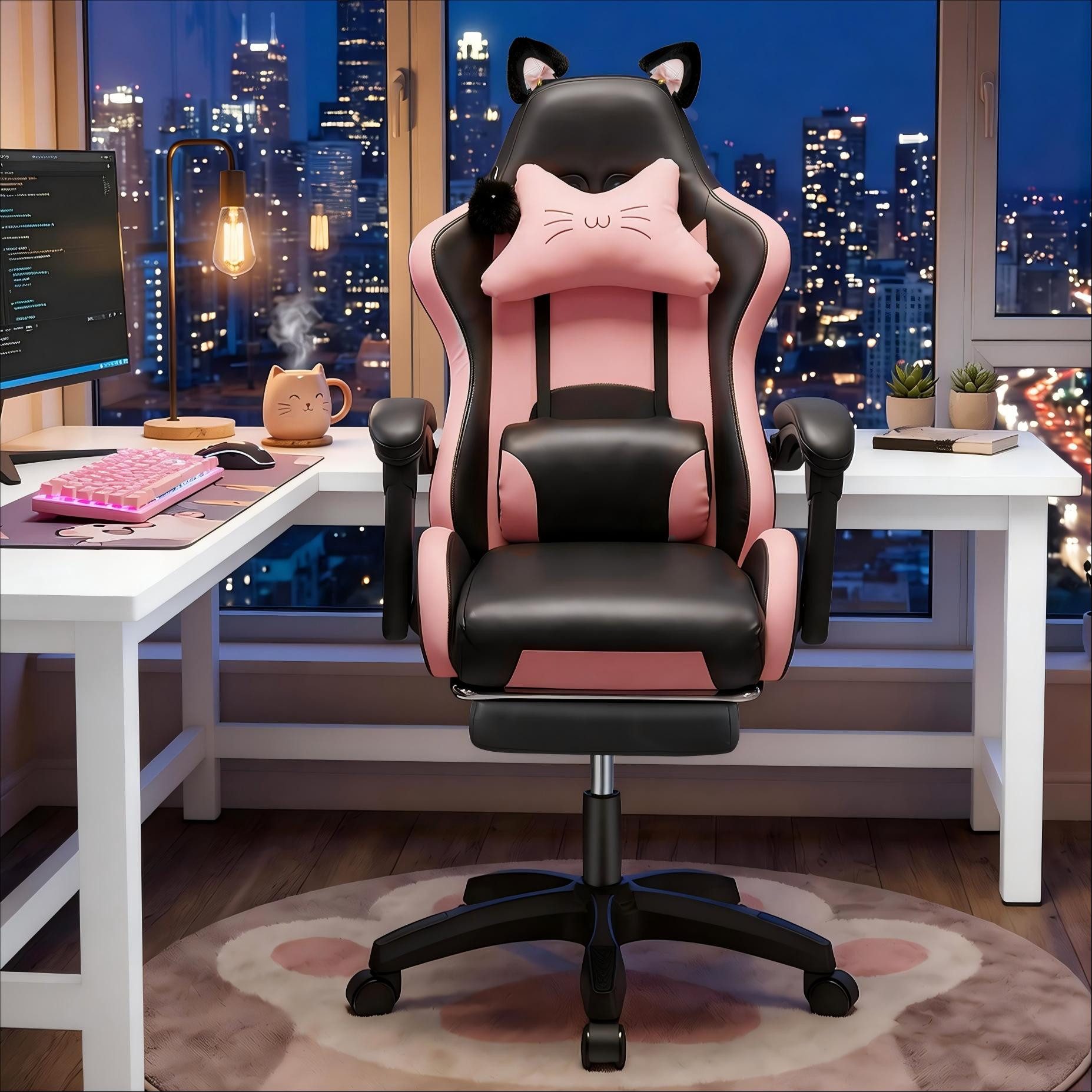 oyajia Gaming-Stuhl Bürostuhl Ergonomisch mit Kopfstütze und Katzenohren, PU-Leder (Gamer Stuhl, Racing Computerstuhl PC Stuhl mit Fußstütze Kopfstütze, 1 St), 115-125cm verstellbare Sitzhöhe, mit Lendenwirbelstütze
