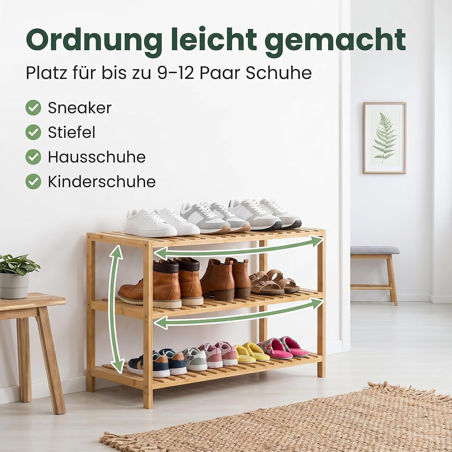 hausleben Schuhregal Bambus Schuhregal, 3 Ebenen, 70x28x50 cm, Naturholz Standregal, Einzelartikel 1-tlg., Umweltfreundlich & Stabil, Leicht zu Reinigen – Bild 3 von 5