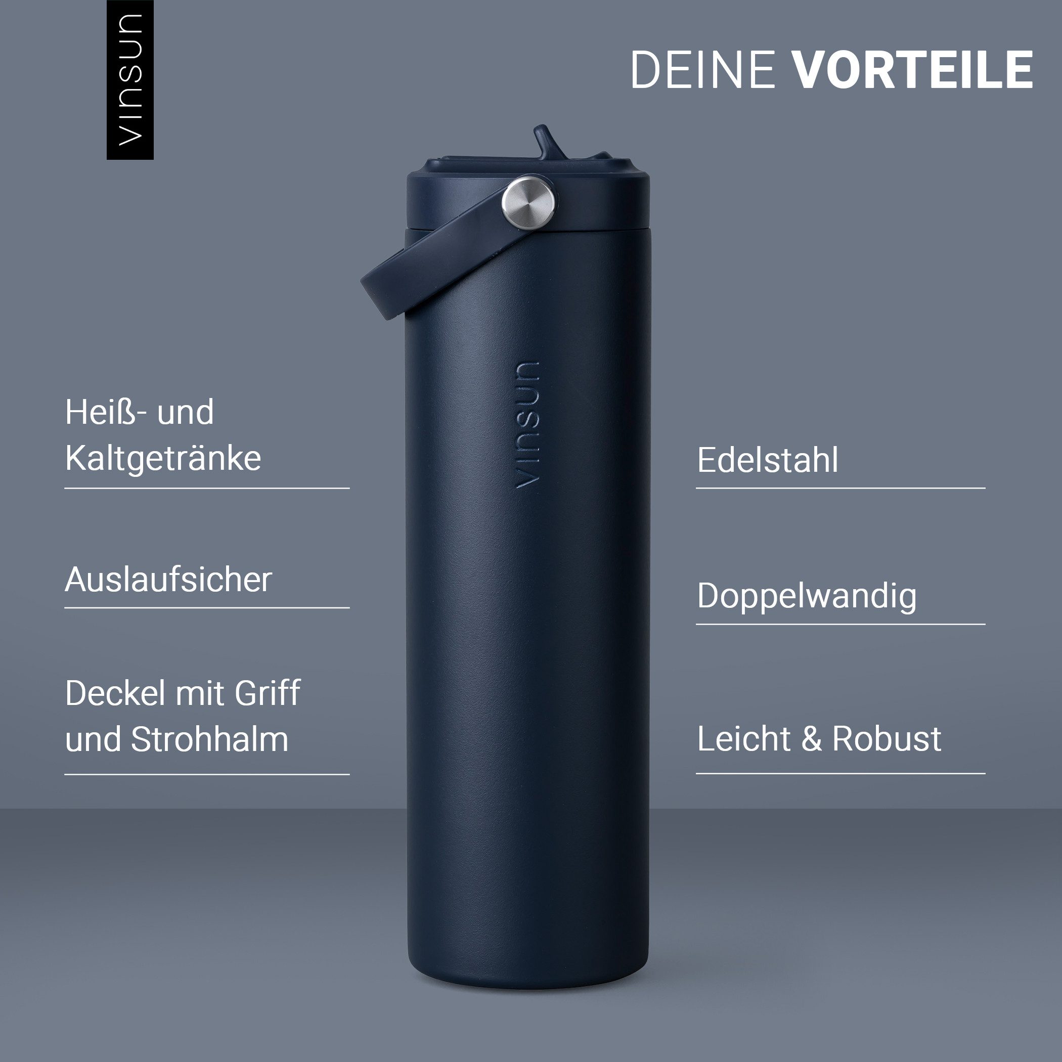 Vinsun Isolierflasche Thermoflasche 750ml mit Strohhalm - Sport Trinkflasche mit Tragegriff, Auslaufsicher, doppelwandig isoliert, geruchs- und geschmacksneutra – Bild 2 von 5