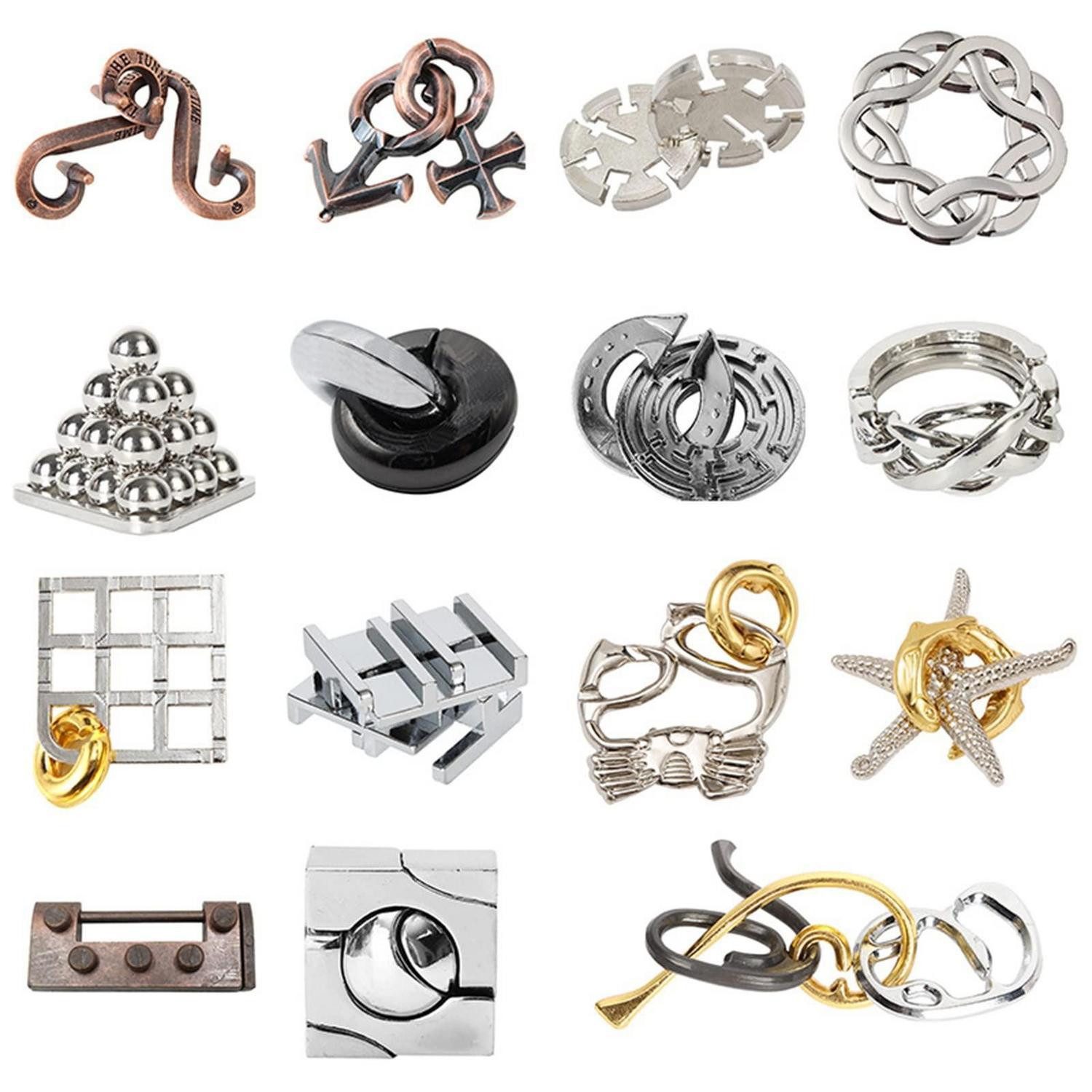 LuxusKollektion 3D-Puzzle Knobelspiele Set 15 Stück Metall, Puzzleteile