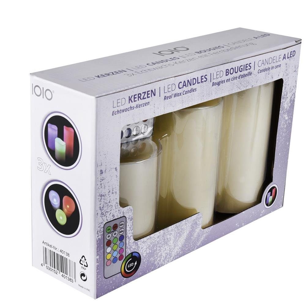 IOIO LED-Kerze 3er LED Echtwachs Kerzen Set Fernbedienung RGB Farbwechsel Timer, Wachskerze Rußfrei flackernde Flamme Batterie Stumpenkerzen