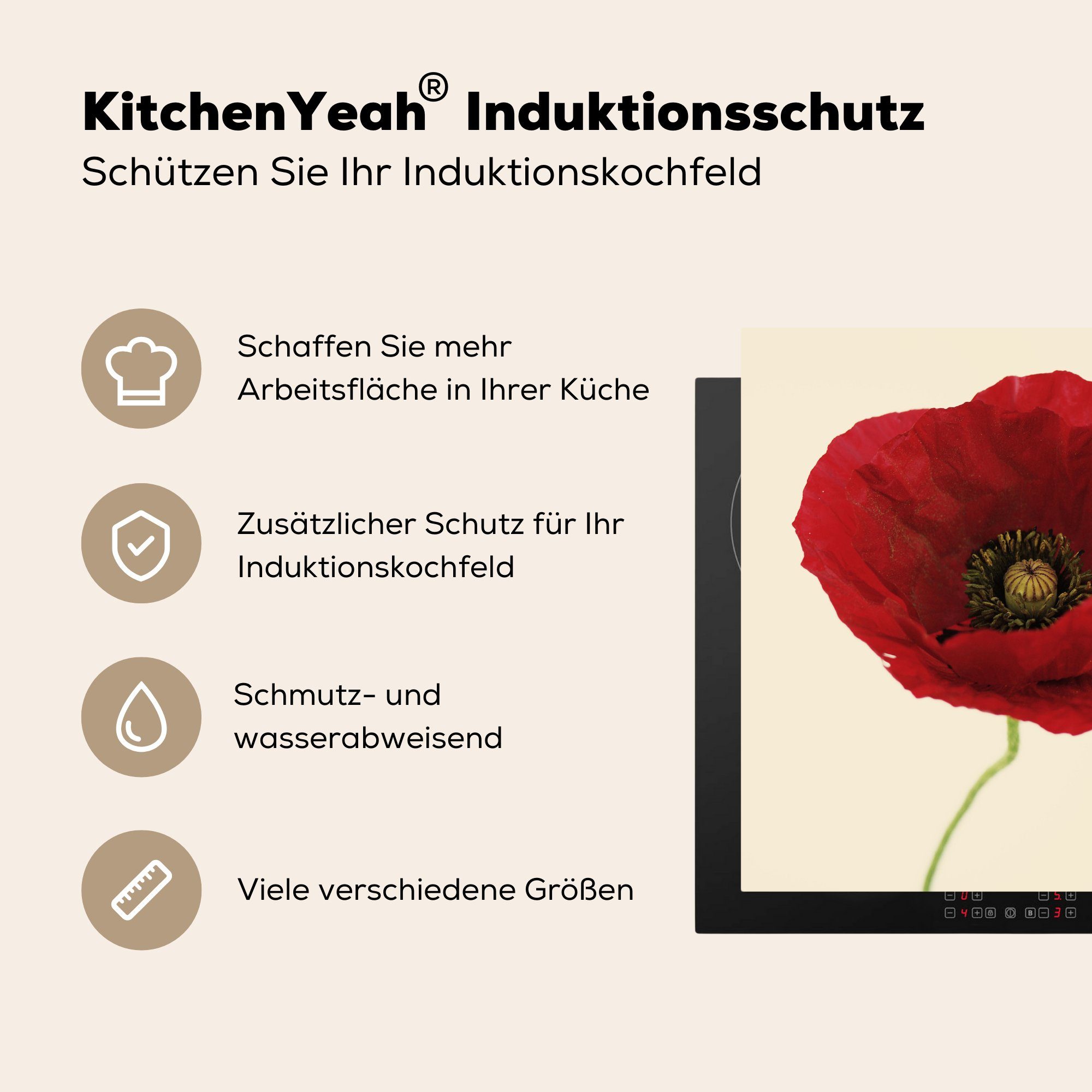 Arbeitsplatte Mohnblume, MuchoWow Herdblende-/Abdeckplatte 78x78 Vinyl, einer Ceranfeldabdeckung, Nahaufnahme tlg), für (1 roten küche cm,