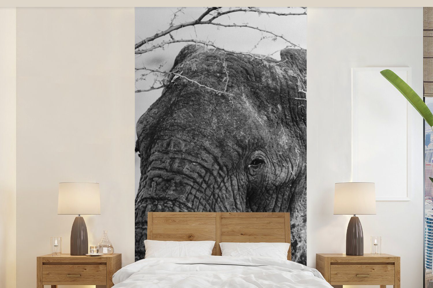 MuchoWow Fototapete Elefant - Tiere - Äste - Natur - Schwarz und weiß, Matt, bedruckt, (2 St), Vliestapete für Wohnzimmer Schlafzimmer Küche, Fototapete | Fototapeten
