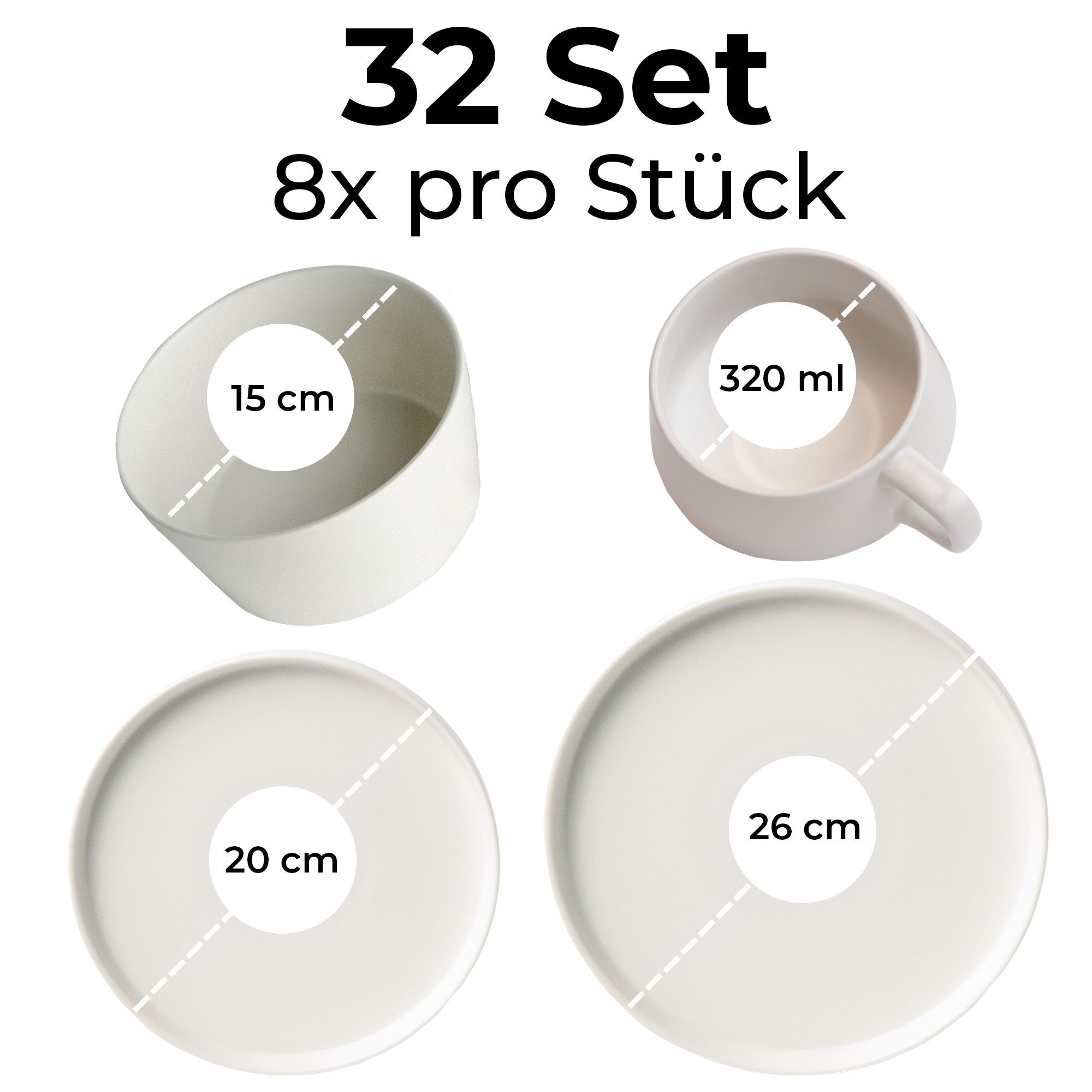 MiaMio Geschirr-Set Geschirrset für 8 Personen / 32-teiliges Tafelservice Luxe Weiß