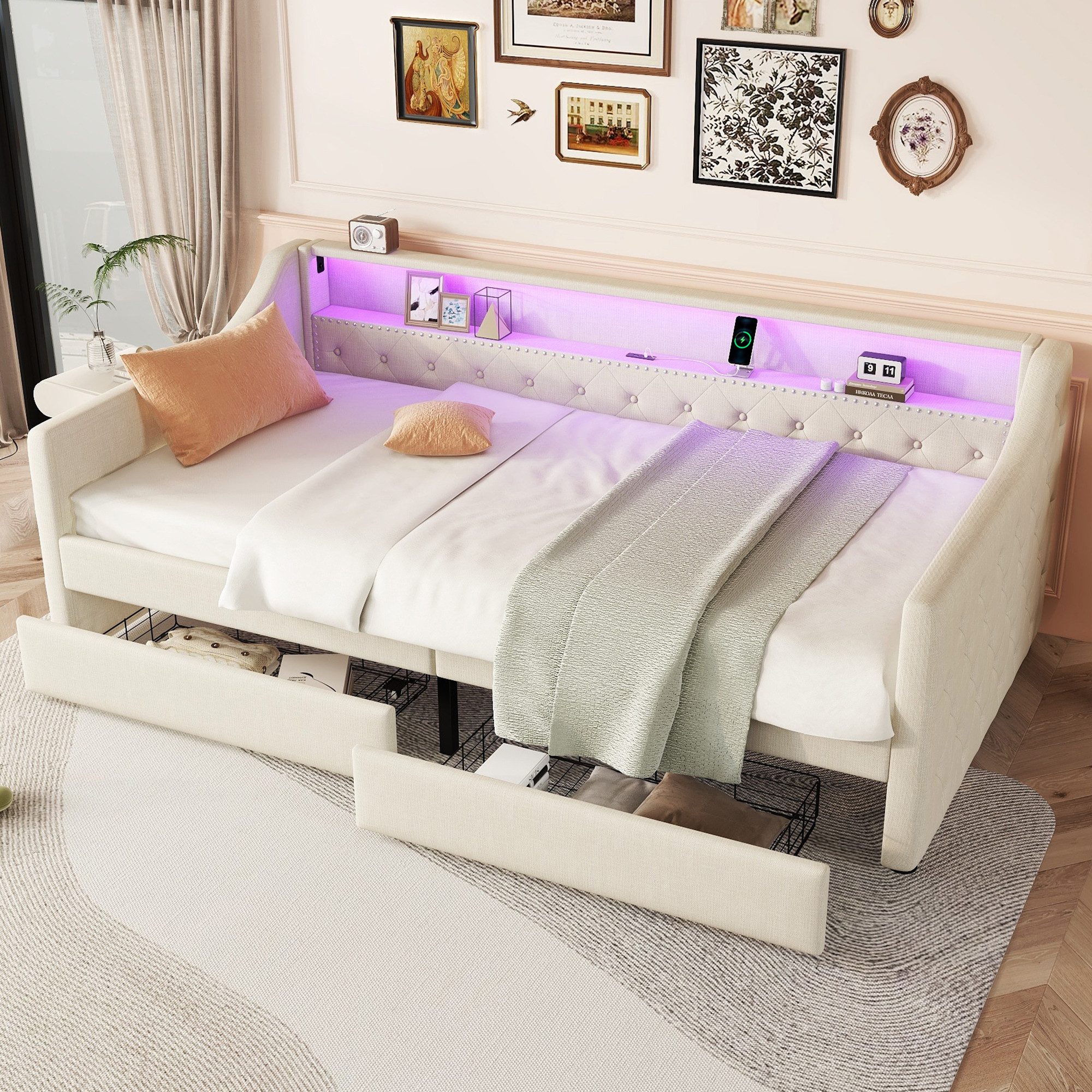Flieks Daybett, LED Polsterbett Tagesbett 90x200cm mit 2 Schubladen, USB-La günstig online kaufen