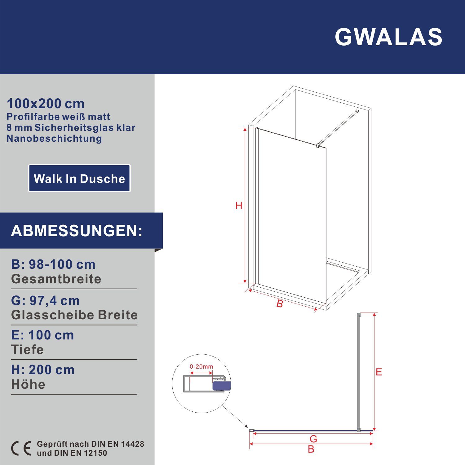Thumbnail - AQUABATOS Walk-in-Dusche Duschabtrennung Duschwände Duschtrennwand Gold Grau Weiß, 80x200,90x200,100x200,110x200,120x200...