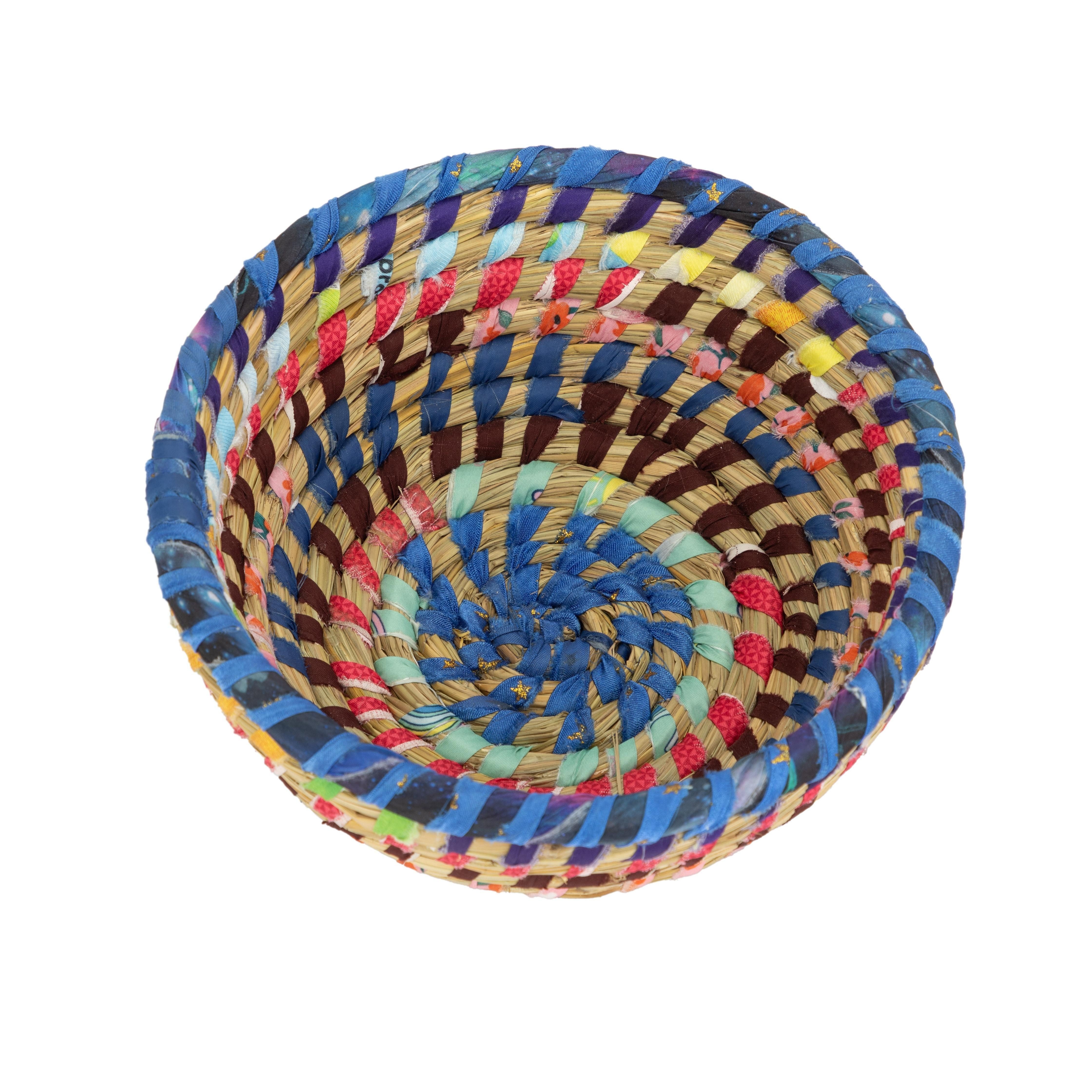 El Puente Schale "Pastell" Korbschale aus Kaisa-Gras und Sari-Stoff, Handmade, Gras / Blatt/Textil, Handmade