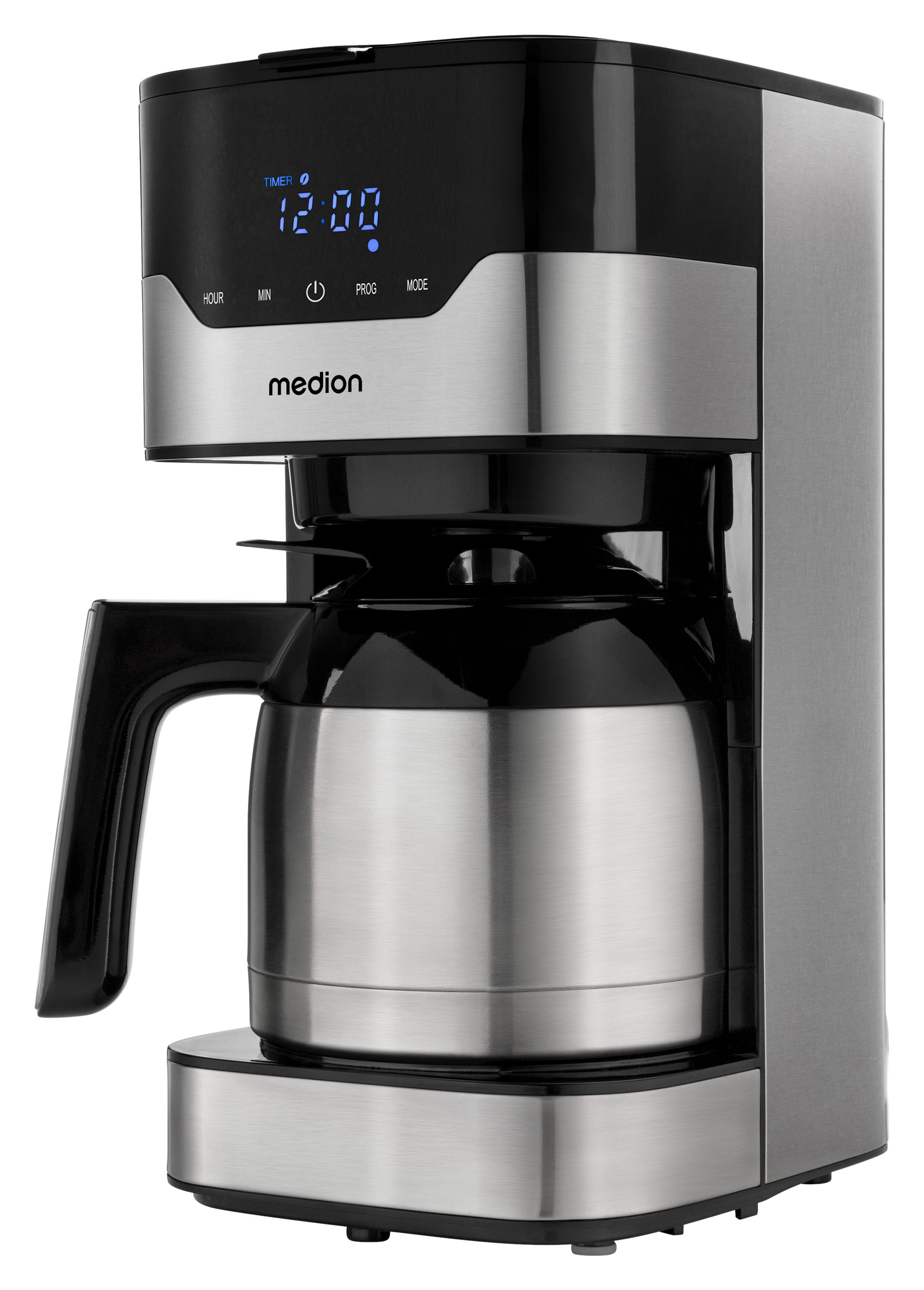 Medion® Filterkaffeemaschine MD 18458, Aromawahlschalter mit 3 Stufen, 1,2 L Edelstahlkanne, Timer, 1,2l Kaffeekanne, Permanentfilter 1x4, Wasserstandsanzeige, Tropfstopp